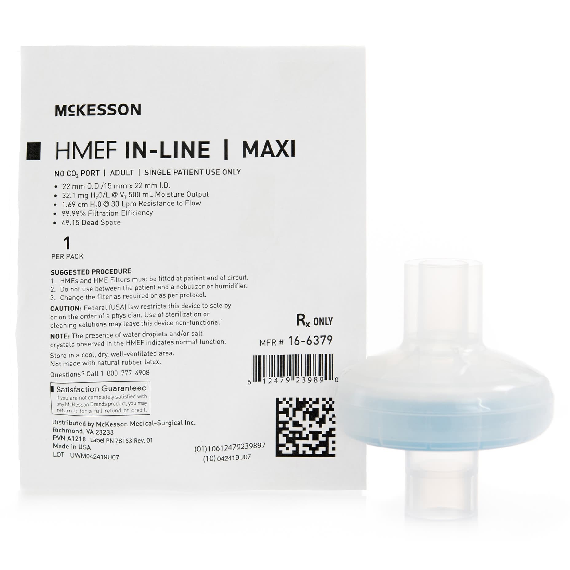 McKesson Heat and Moisture Exchanger with Filter, 49.15 mL