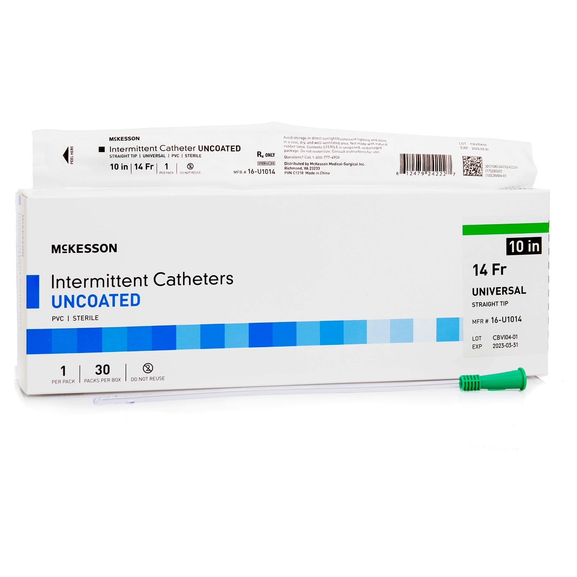 McKesson Urethral Catheter Polished Staggered Eyelets Disposable, Green, 14 Fr, Unisex, 10 Inch - Box of 30 - Image 1