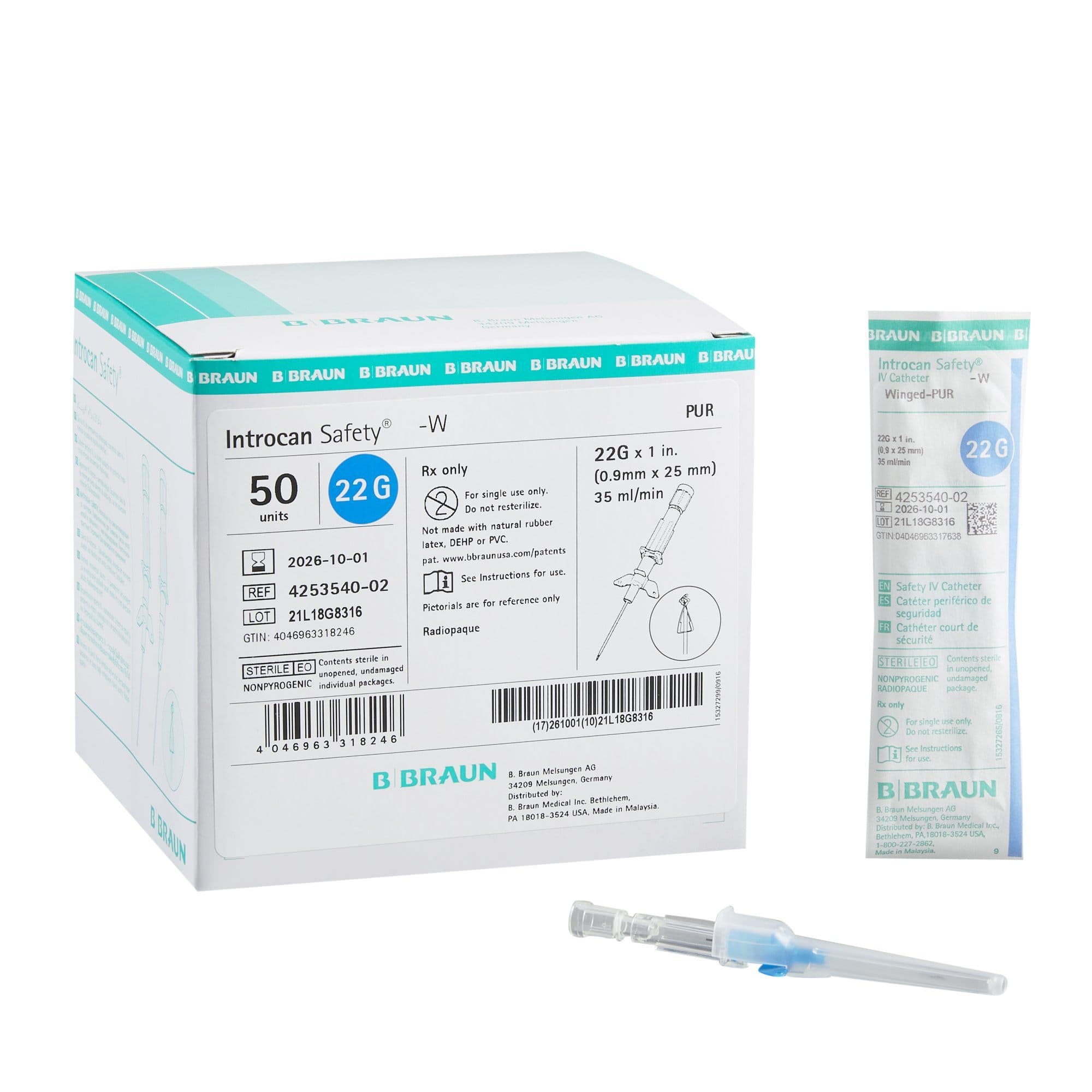 B. Braun Introcan Safety Peripheral IV Catheter, Polyurethane, 22 Gauge, 1 Inch - Box of 50 - Image 1