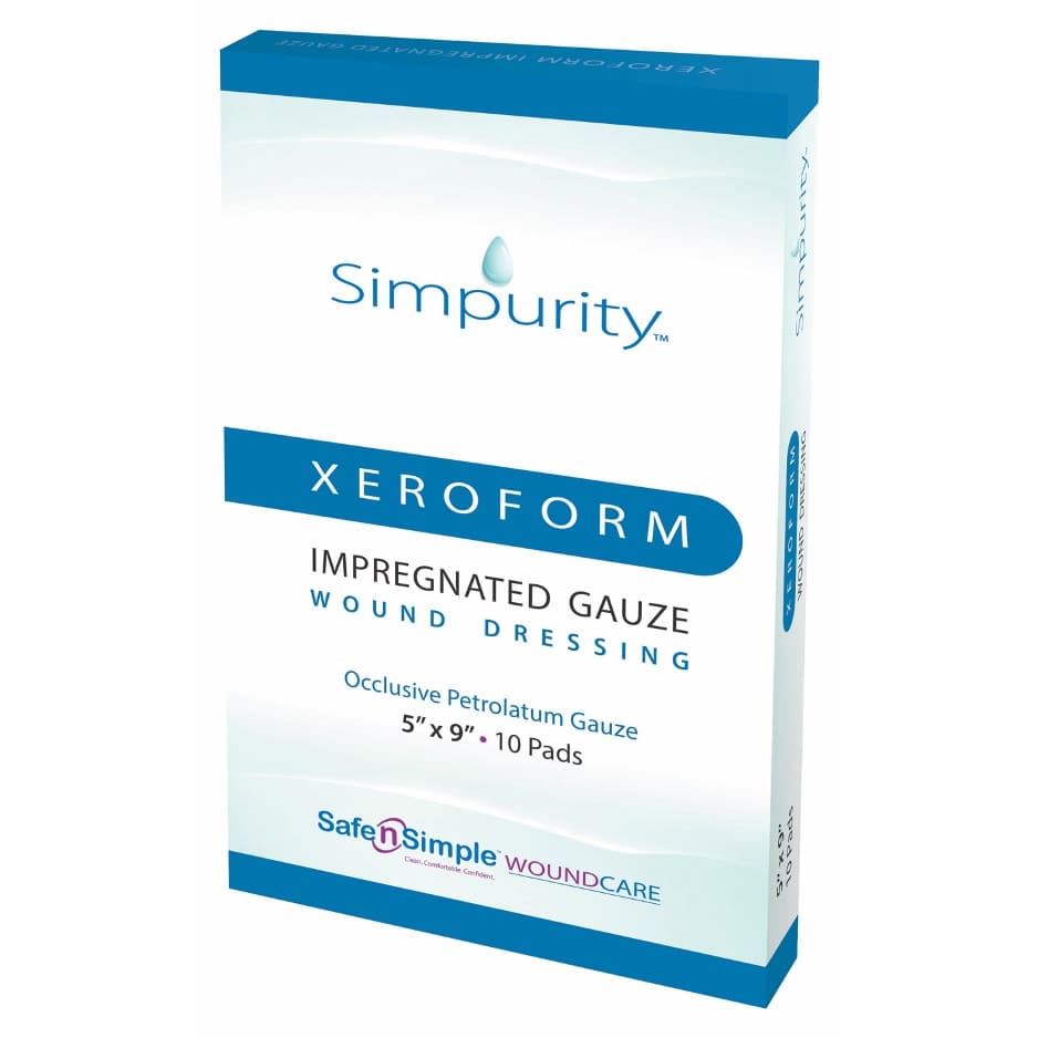 Simpurity XeroForm Petrolatum Impregnated Gauze Wound Dressing, 5 x 9 Inch - Box of 10 - Image 1