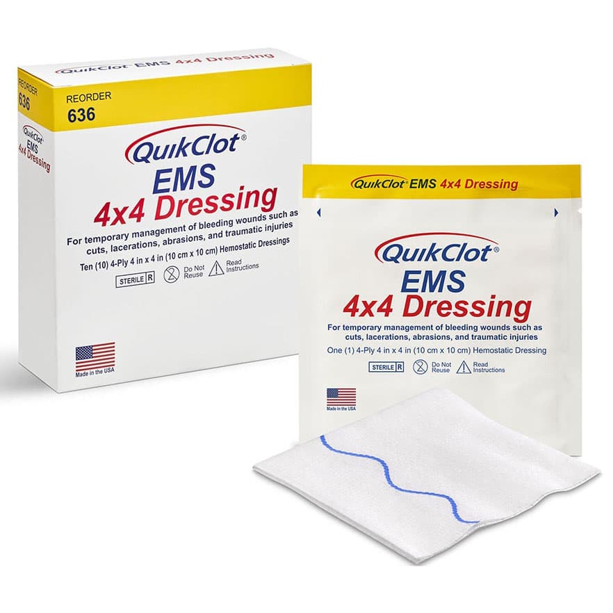 QuickClot EMS Hemostatic Dressing with X-Ray Indicator 4 x 4 Inch Sterile - Box of 10