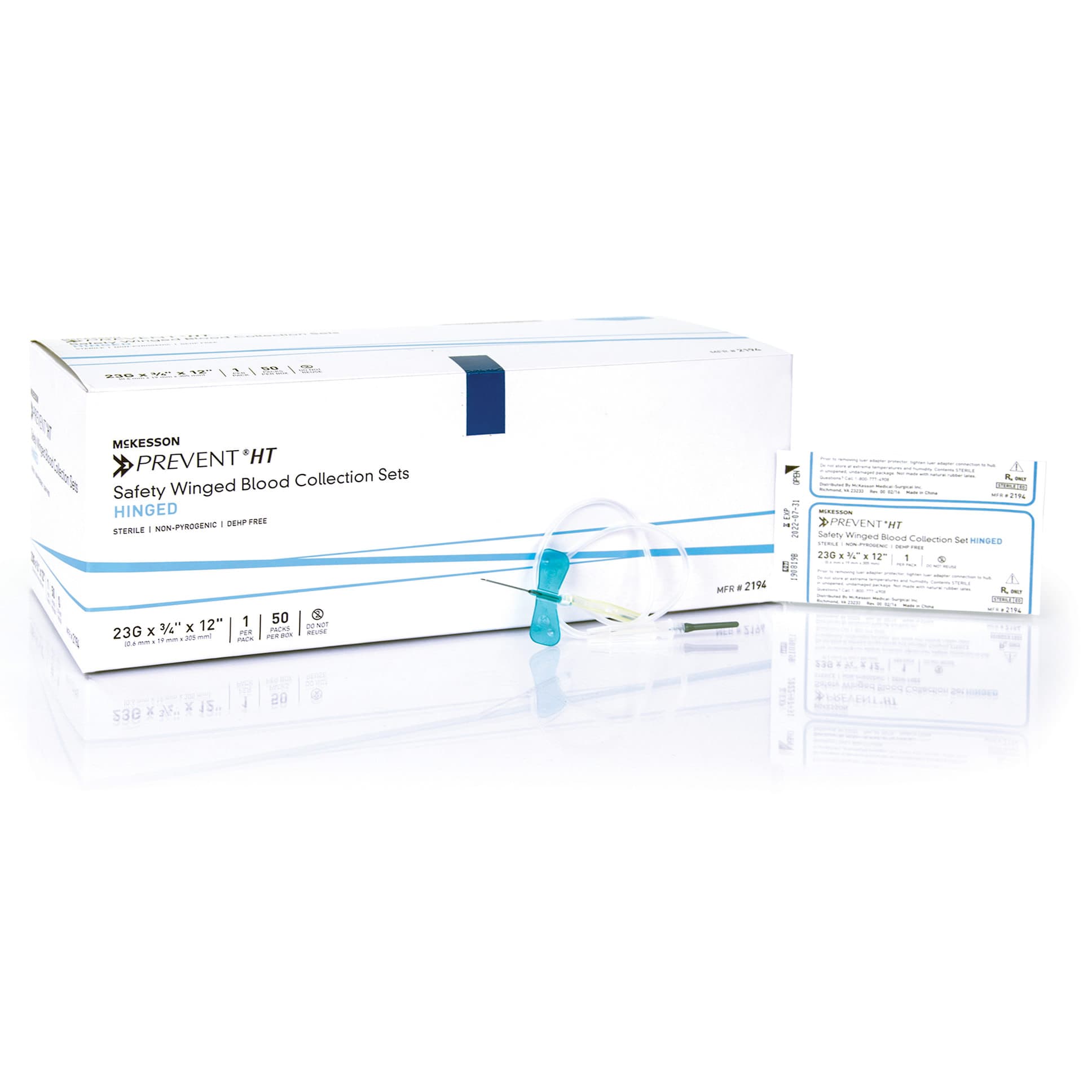 McKesson Prevent Blood Collection Set with Winged Safety Needle, Sterile, Blue, 23 Gauge - Box of 50 - Image 1