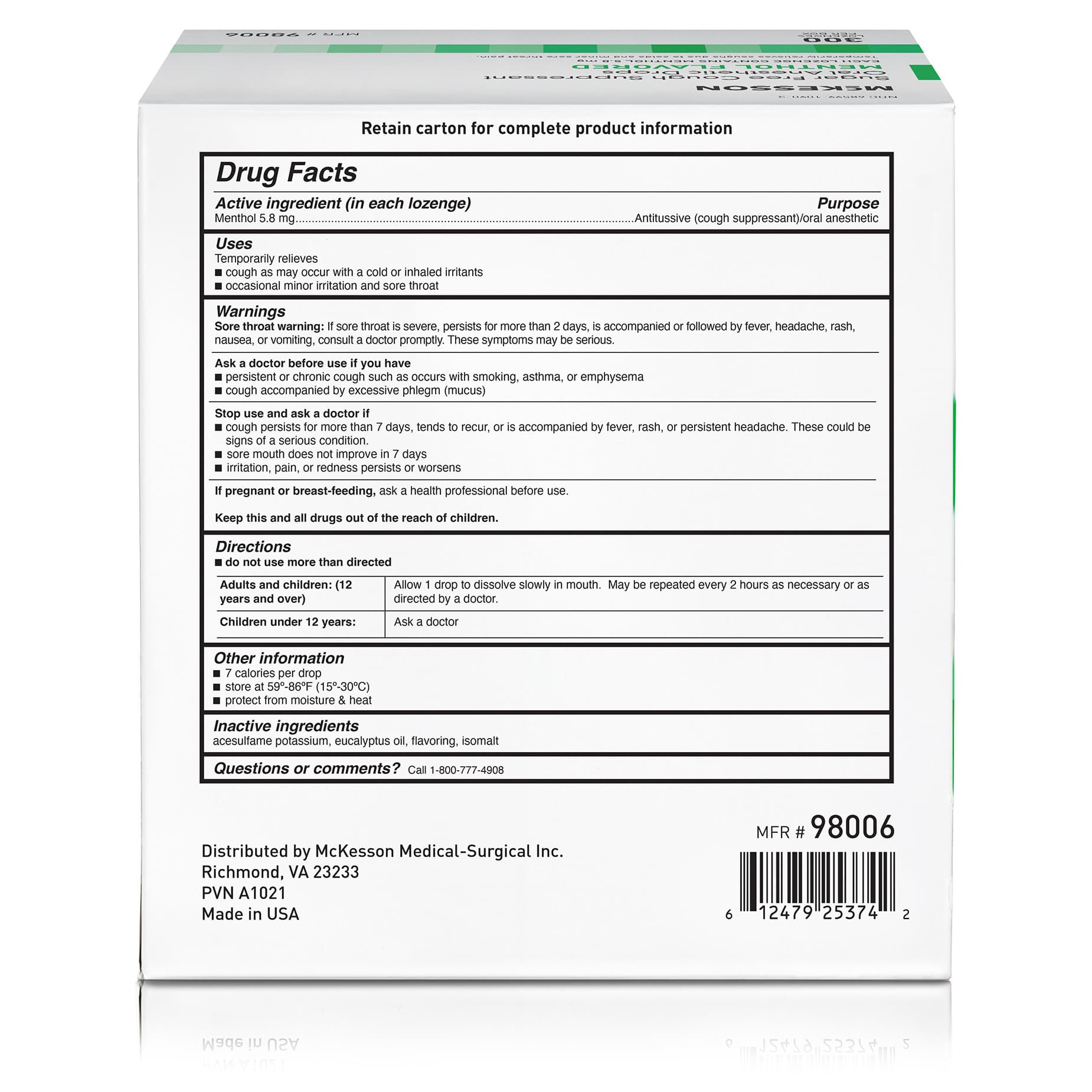 McKesson Cold and Cough Relief Lozenge, Menthol Flavor-Sugar Free, 7.6 mg - Box of 300 - Image 2