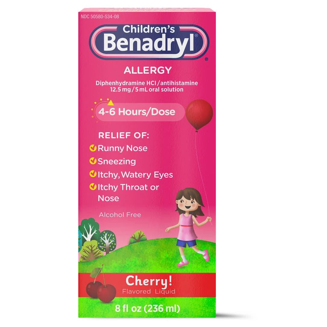 Children's Benadryl Allergy Liquid, Cherry, 12.5 mg, 8 oz - Case of 24 - Image 1
