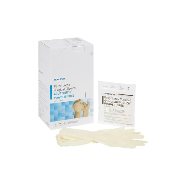 McKesson Perry Performance Plus AquaTouch Surgical Glove Cream Neutral, Size 7 - Box of 50 - Image 1