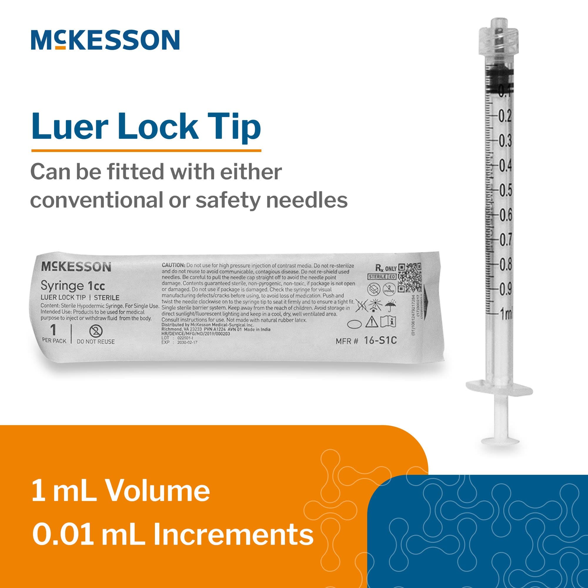 McKesson General Purpose Syringe, Luer Lock Tip, 1 mL - Box of 100 - Image 1