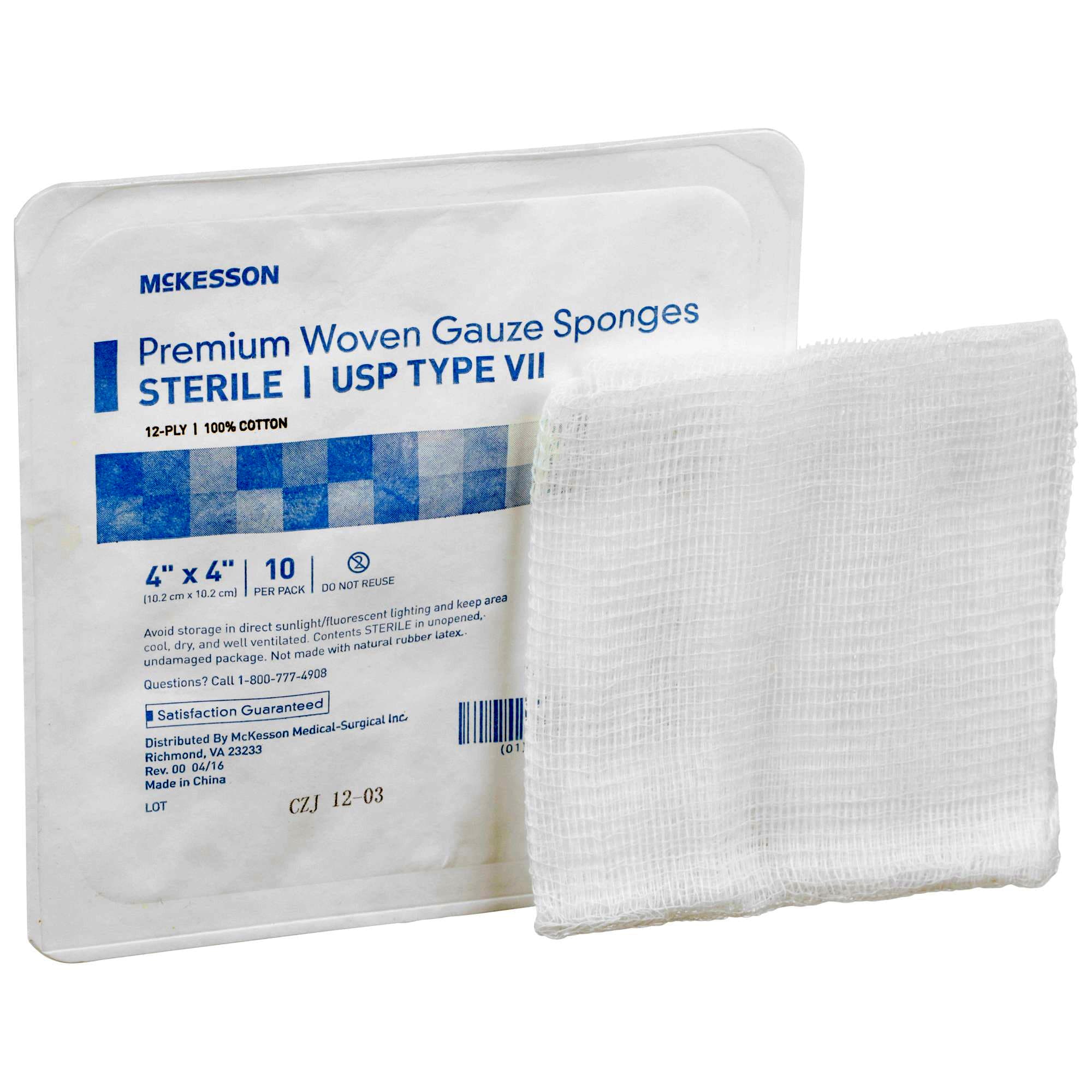McKesson USP Type VII Gauze Sponge White, 12-Ply, Square Sterile, 4 x 4 Inch - Case of 1280 - Image 1