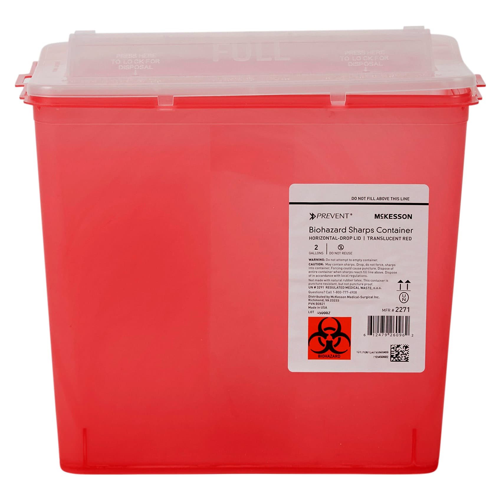 McKesson Prevent Sharps Container Translucent Horizontal Entry Locking Lid, 2 Gallon - Each - Image 1