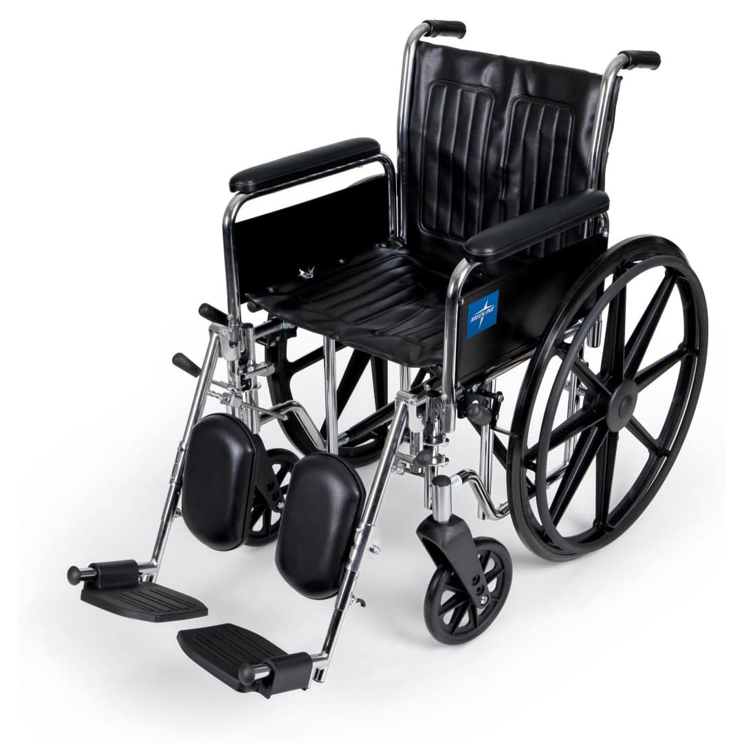 Medline Excel 2000 Standard Wheelchair 18"W x 16"D Seat with Full Length Arms and Elevating Leg Rests, Black Upholstery - Image 1