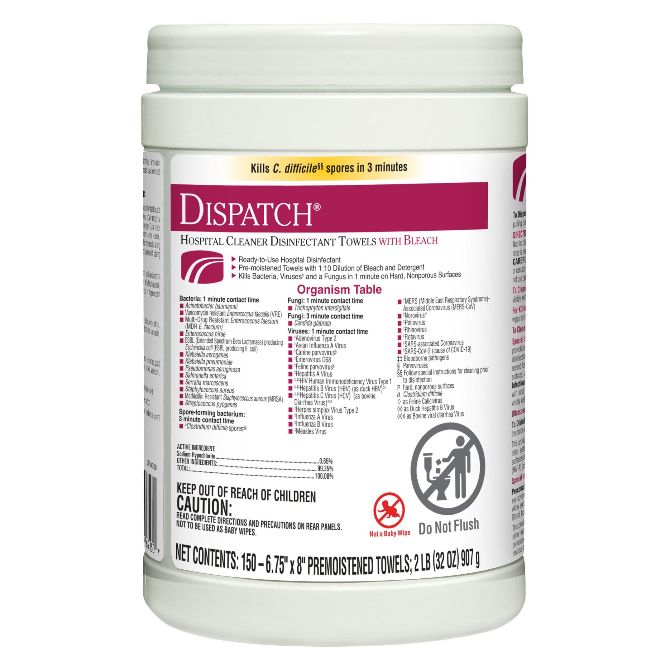 Dispatch with Bleach Surface Disinfectant Cleaner Canister Wipe, 6-3/4 x 8 Inch