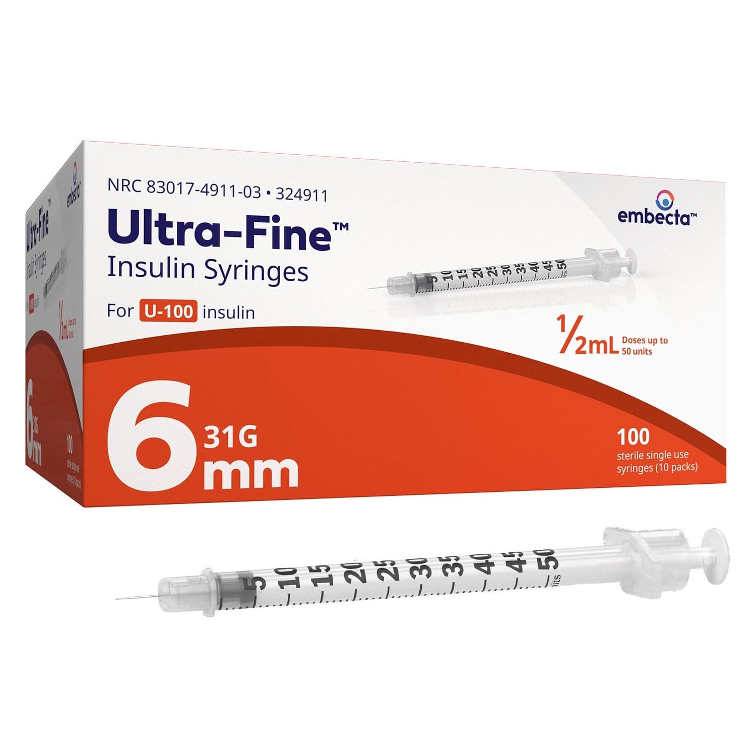 Embecta Ultra-Fine Insulin Syringes, 31 Gauge, 6 mm, 0.5 mL - Box of 100 - Image 1