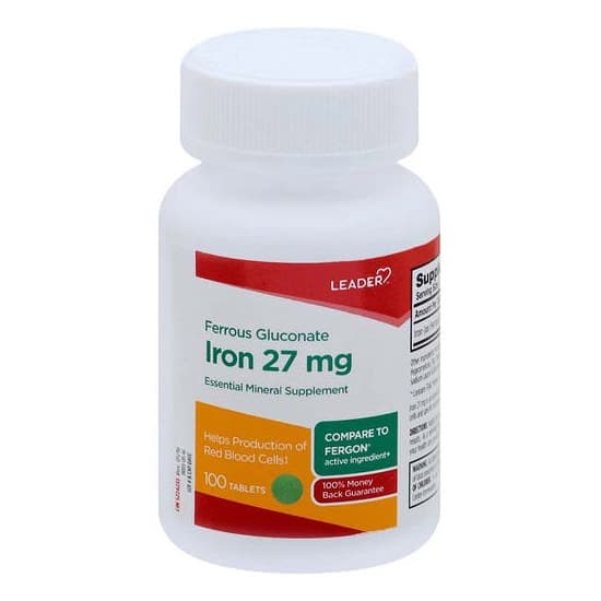 Leader Iron Supplement Tablets, 27 mg - Bottle of 100
