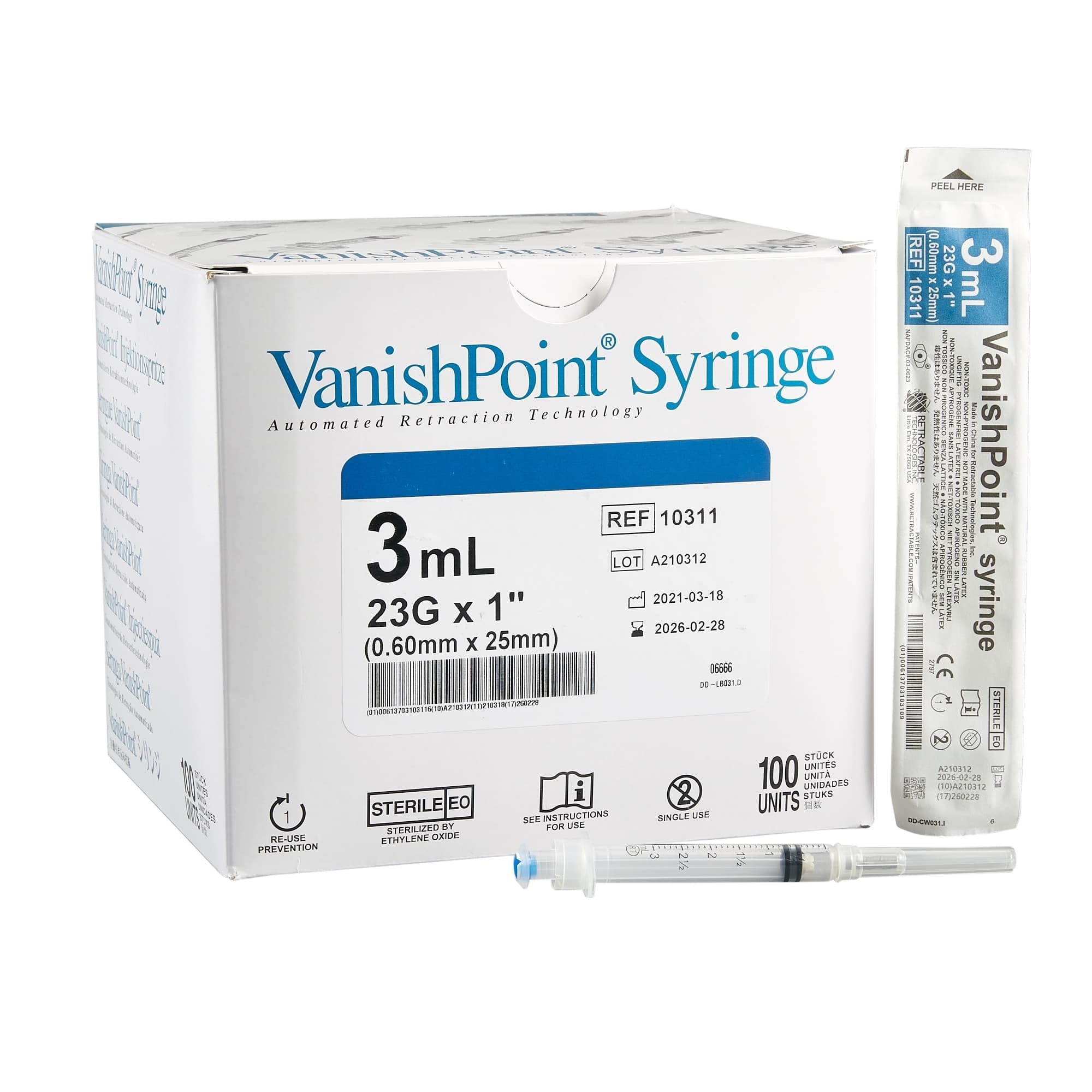 Retractable Vanishpoint Safety Syringe with Hypodermic Needle, 3ml, 23G x 1" - Case of 800 - Image 1