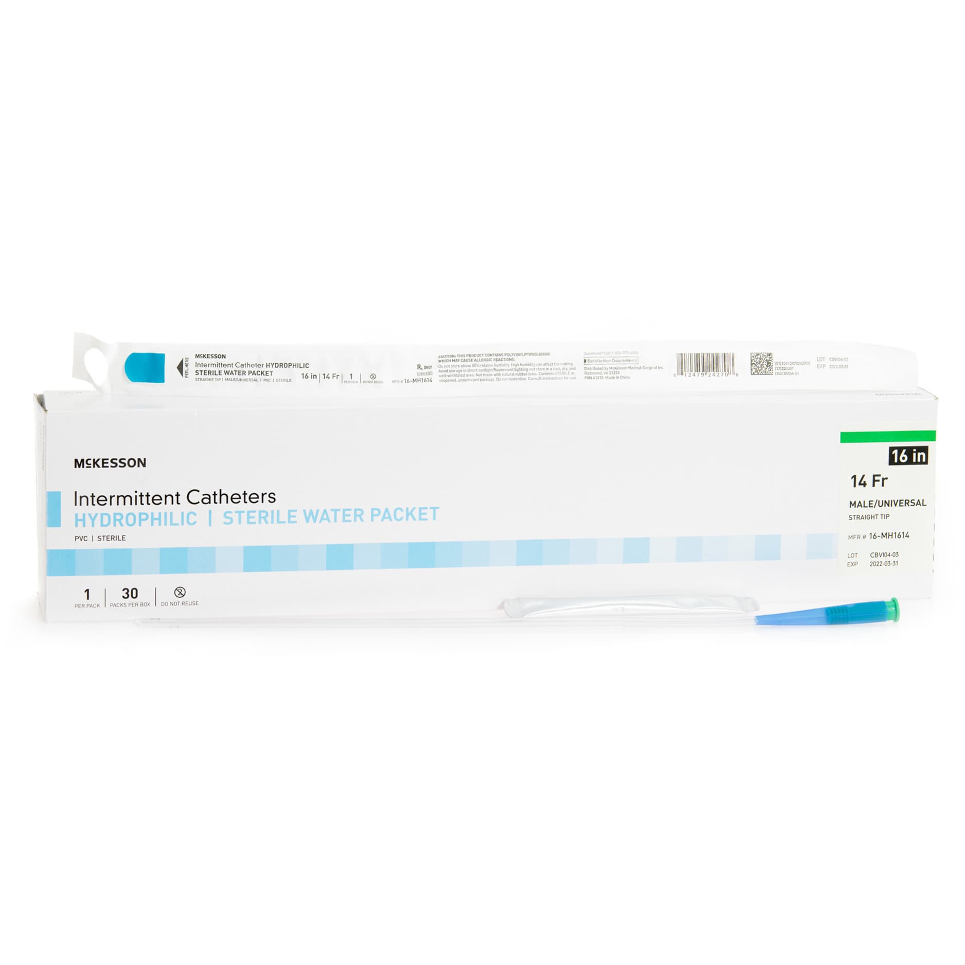 McKesson Intermittent Catheter with Hydrophilic Coating For Men, Straight Tip, 14 Fr, 16 Inch - Case of 300 - Image 1