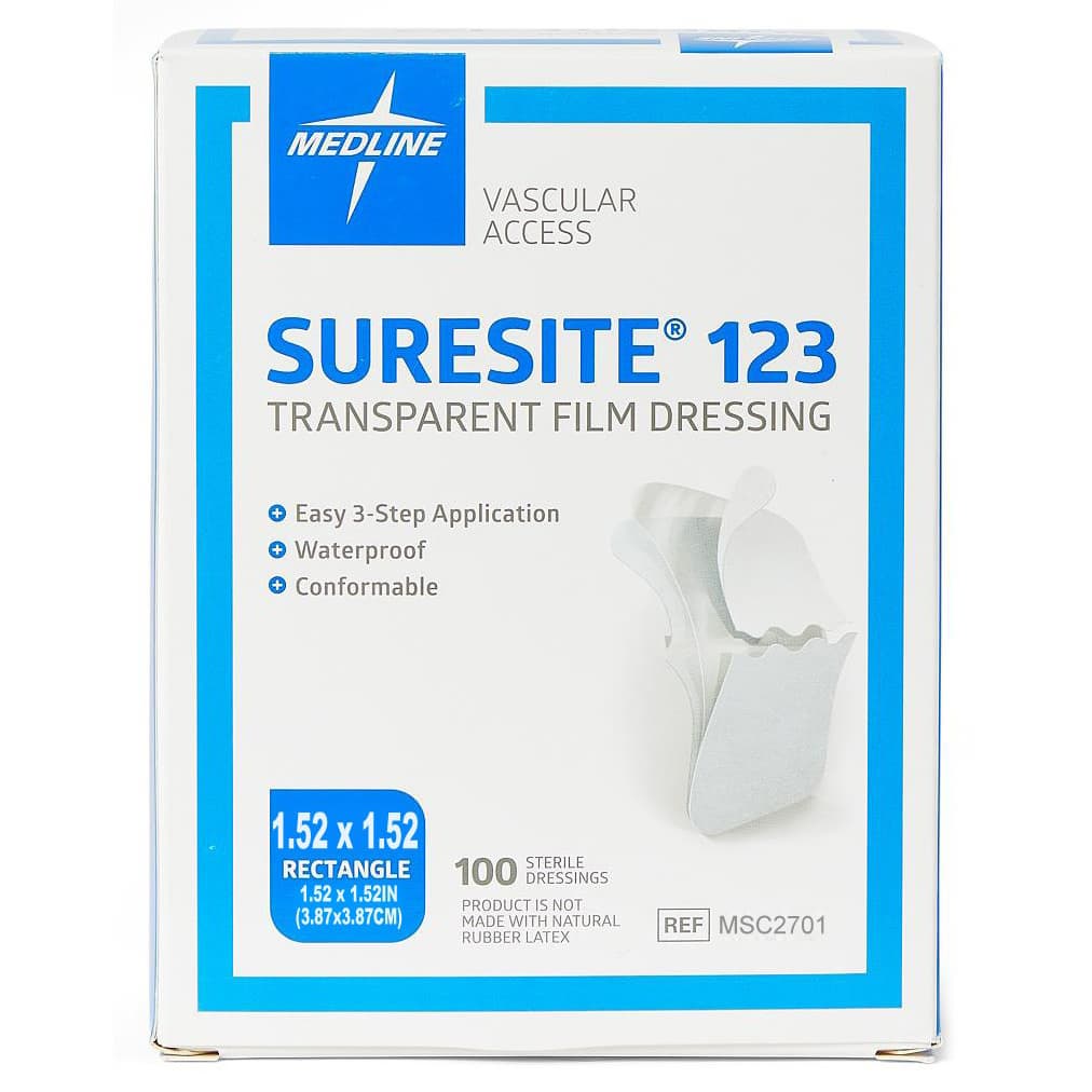 Suresite 123 Transparent Film Dressing, Sterile, 1.52 x 1.52 Inch - Box of 100 - Image 1