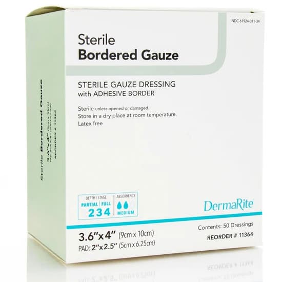 DermaRite Sterile Bordered Gauze Dressing with Adhesive Border, 3.6 x 4 Inch - Box of 50 - Image 1