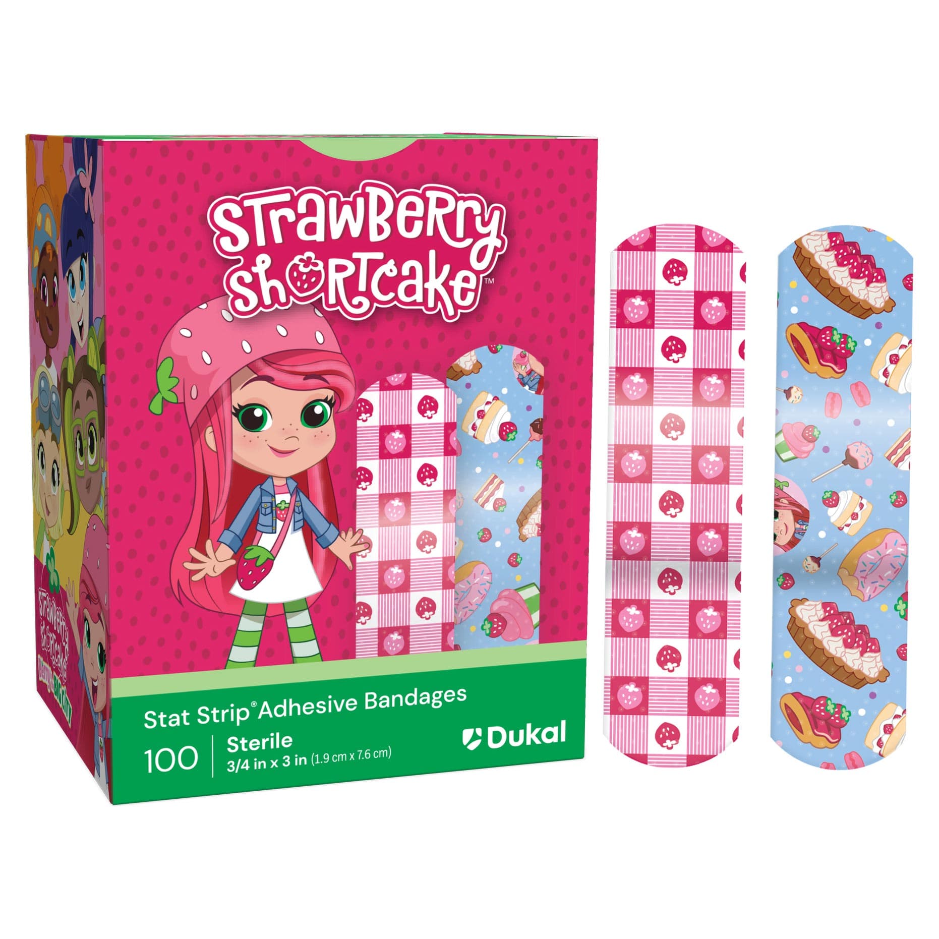 Dukal American White Cross Stat Strip Adhesive Bandages, Strawberry Shortcake, 3/4" x 3" - Box of 100 - Image 1