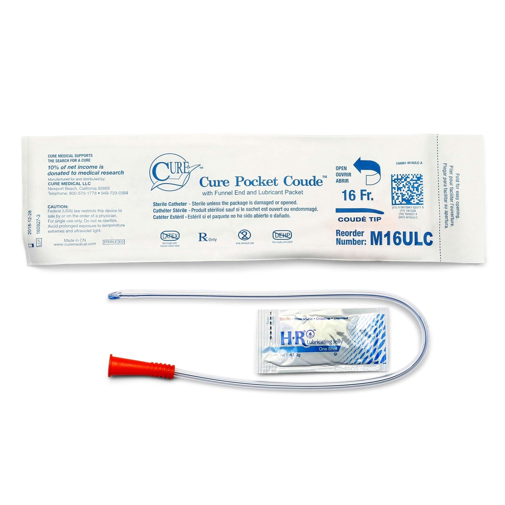 Cure Pocket Catheter for Male with Lubricant, 16 Fr - Each - Image 1