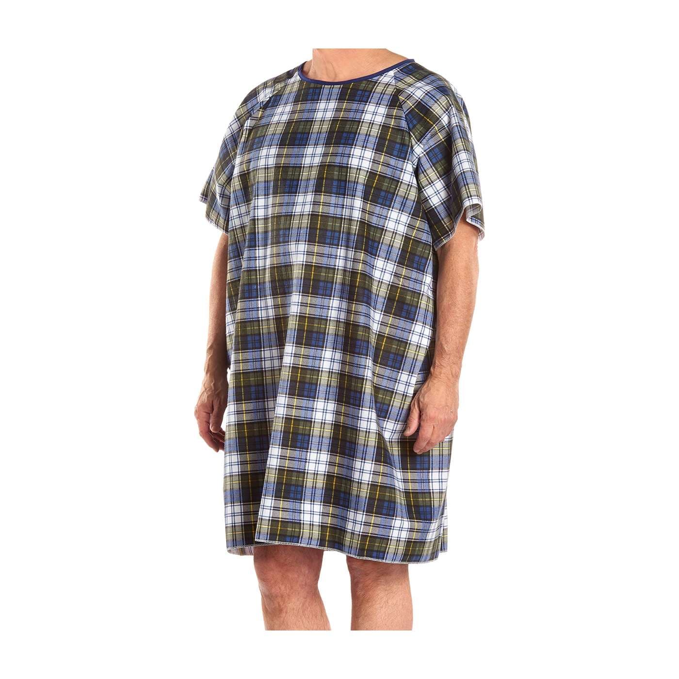 TieBack Traditional Hospital Style Gown, Blue-Green Plaid - Image 1