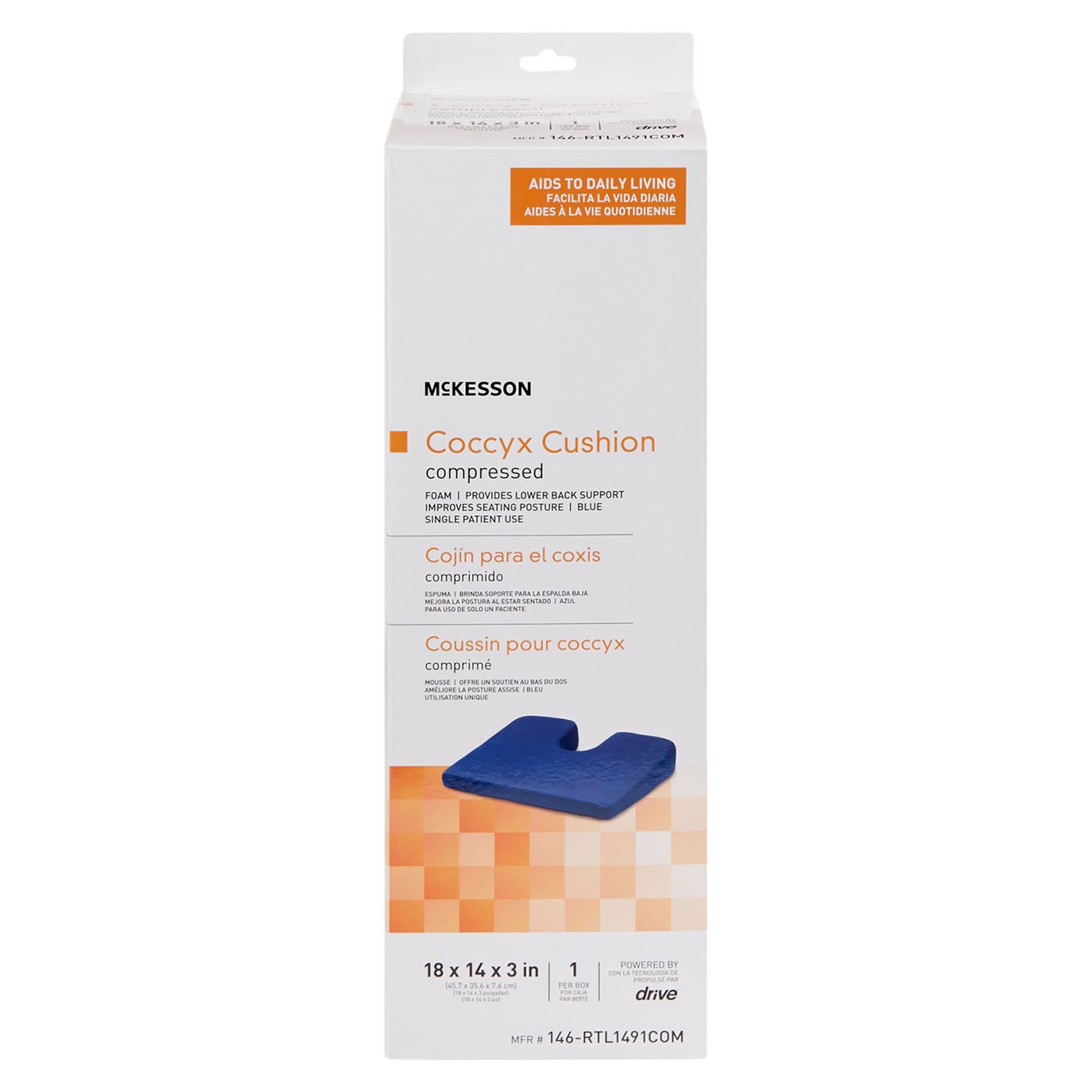 McKesson Blue Coccyx Support Seat Cushion with Cover, 18 W x 14 D x 3 H Inch - Image 2