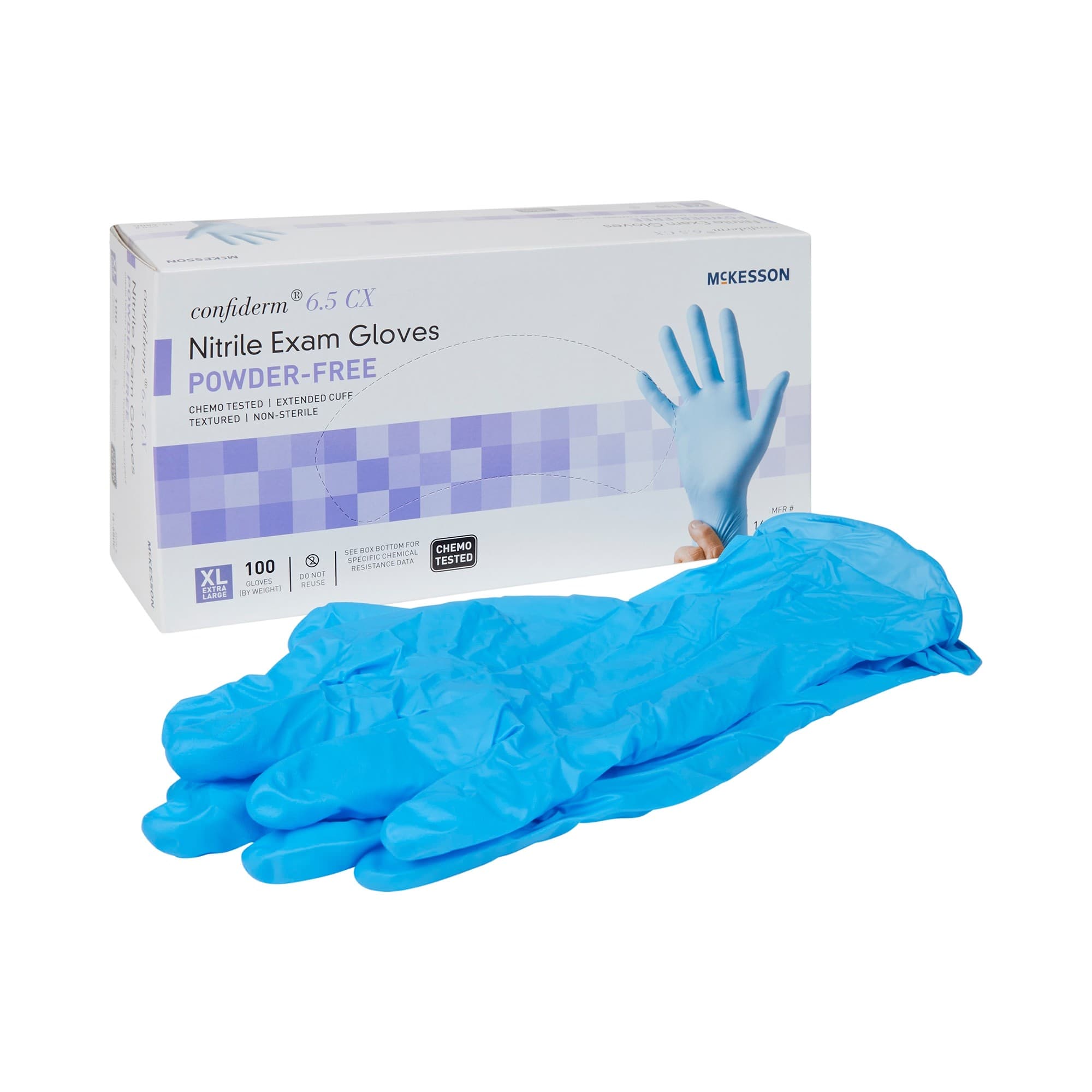 McKesson Confiderm 6.5CX Nitrile Powder Free Exam Gloves, Blue, X-Large - Box of 100 - Image 1