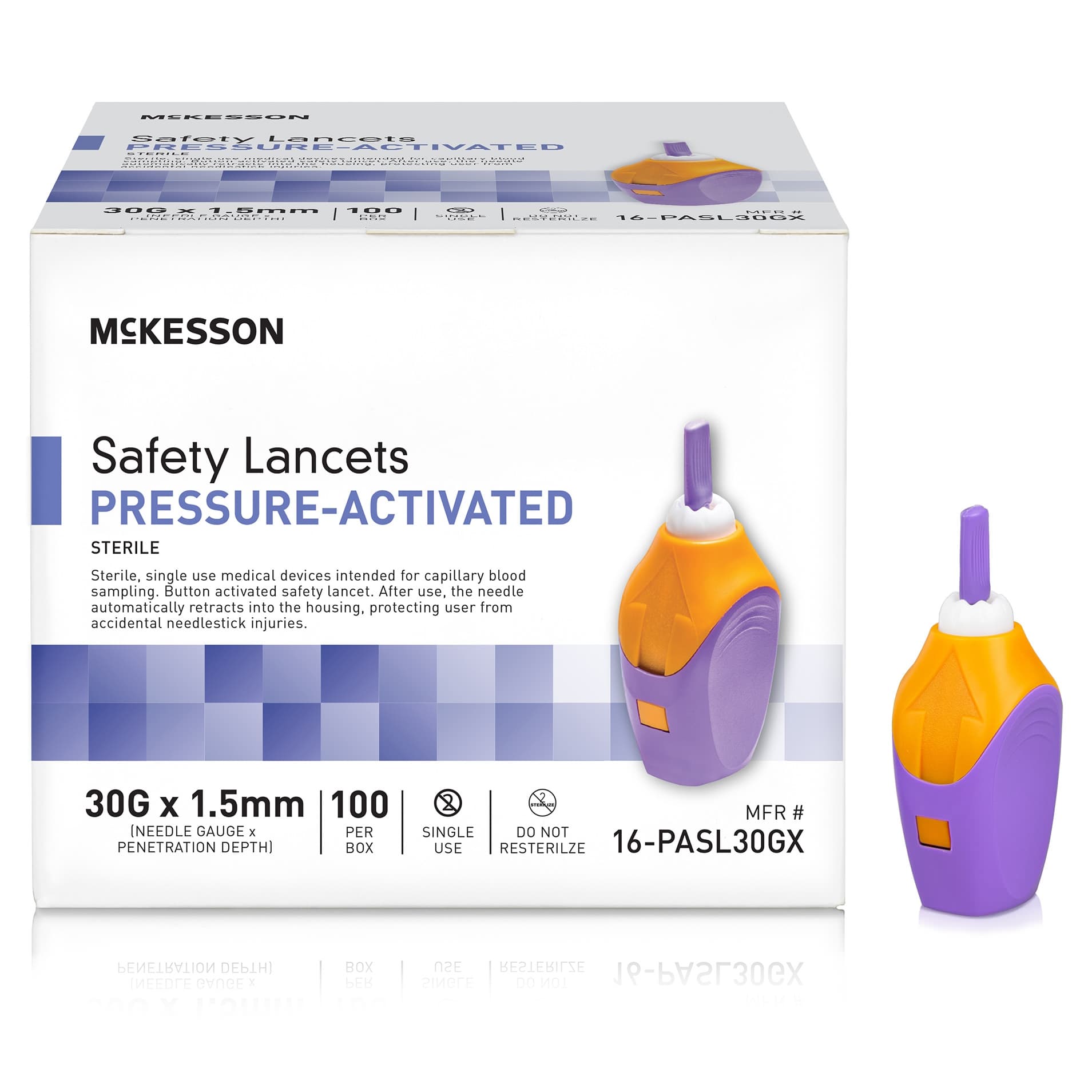 McKesson Brand Safety Lancet Pressure Activated 1.8 mm Depth Needle Sterile, Purple, 30 Gauge - Box of 100 - Image 1