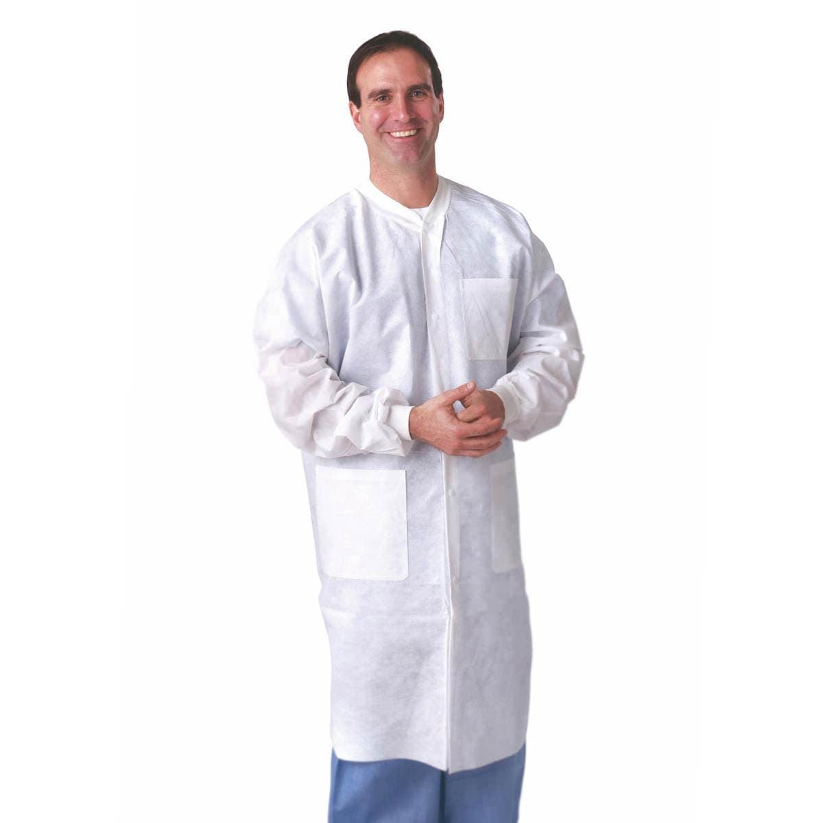 Medline Disposable Multilayer Lab Coats Knit Cuffs and Collar, White, Extra Large - Case of 30 - Image 1