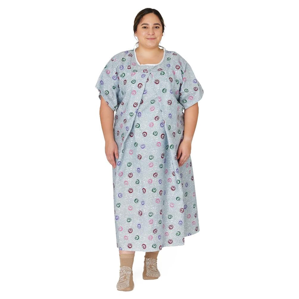 Medline Mother's Maternity Gown, Swirls on Blue Print - 1 Dozen