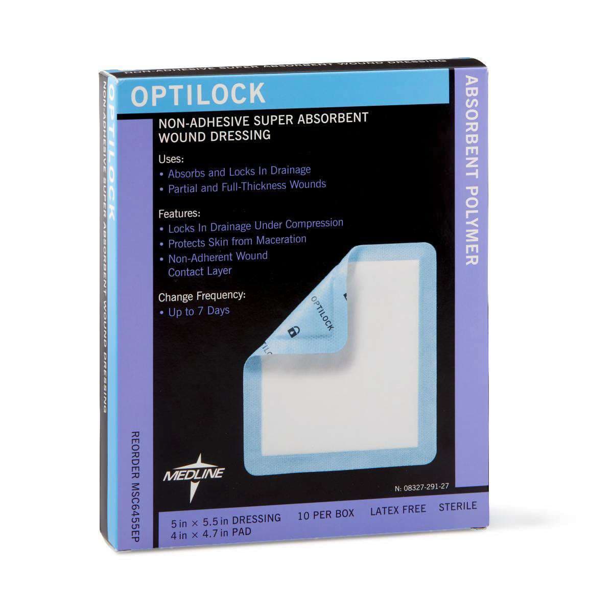 Medline OptiLock Super Absorbent Wound Dressing, 5 x 5-1/2 Inch - Box of 10 - Image 1