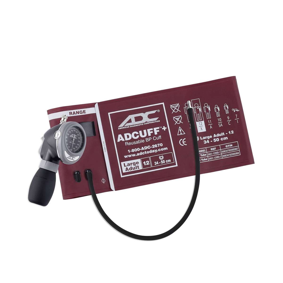 ADC Diagnostix Palm Aneroid Sphyg with Adcuff+, Burgundy, Large Adult - Image 1
