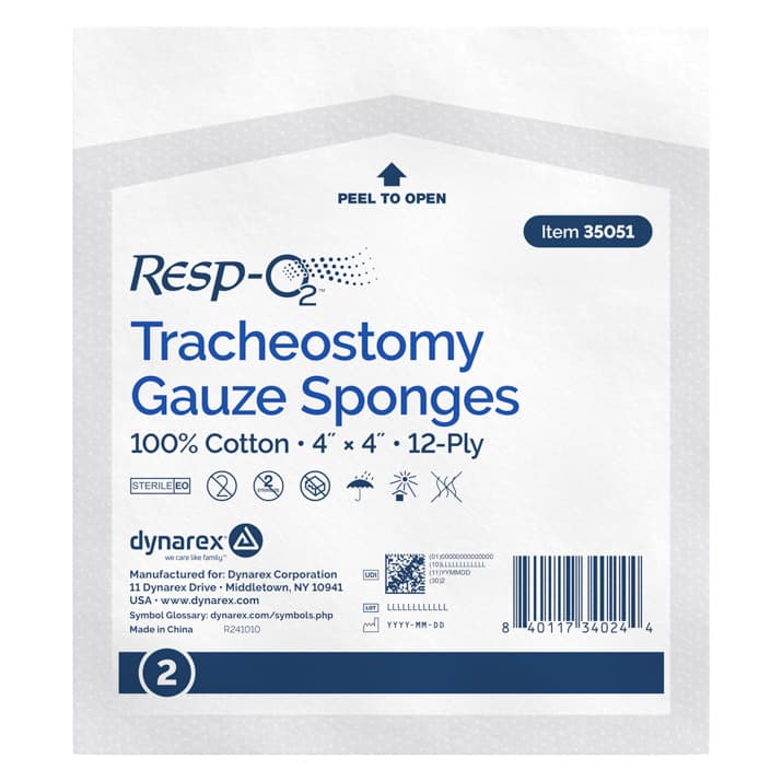 Resp-O2 Tracheostomy Gauze Sponges, 100% Cotton, Sterile 2's, 12-Ply, 4" x 4" - Each - Image 1