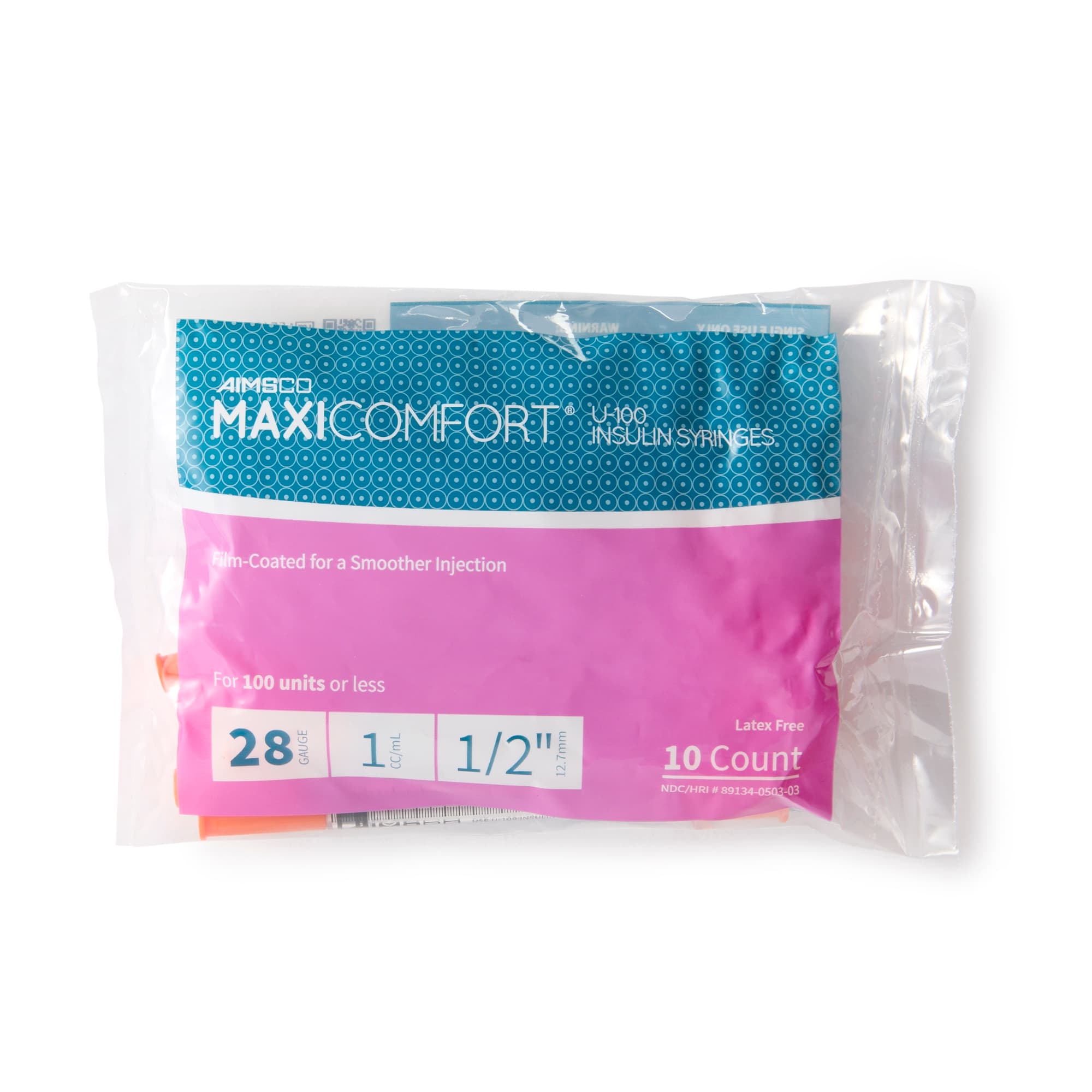 AIMSCO Maxicomfort Standard U-100 Insulin Syringe with Needle, 28 Gauge, 0.5 Inch, 1 mL - Box of 100 - Image 1