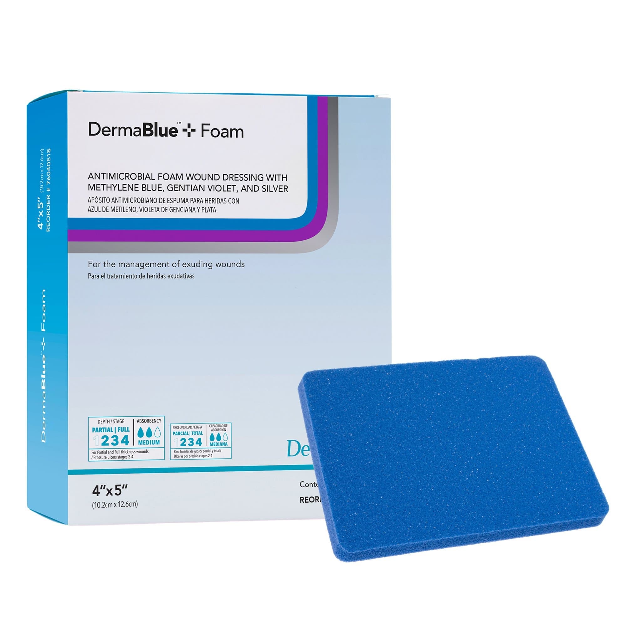DermaBlue+ Foam Silver Antimicrobial Foam Wound Dressing, 4 x 5 Inch - Box of 10 - Image 1