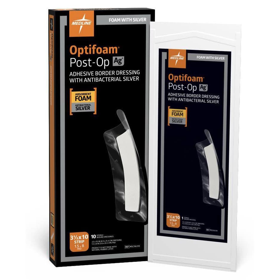 Optifoam Post-Op Ag+ Foam Dressing With Adhesive Border, 3.5 x 10 Inch - Case of 100 - Image 1