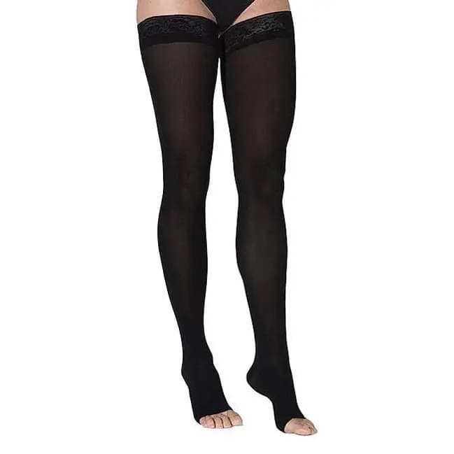 Sigvaris Womens Style Soft Opaque Thigh High Compression Stockings 15-20 mmHg, Open Toe, Small-Short, Black - Pair - Image 1
