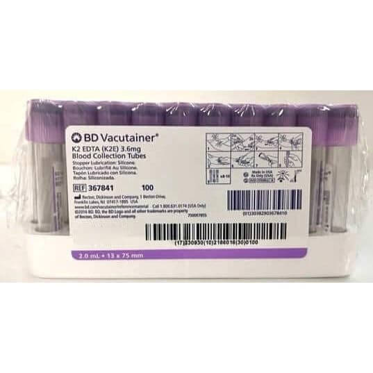 BD Vacutainer K2 EDTA Blood Collection Tube, Lavender, 2 mL - Box of 100 - Image 1