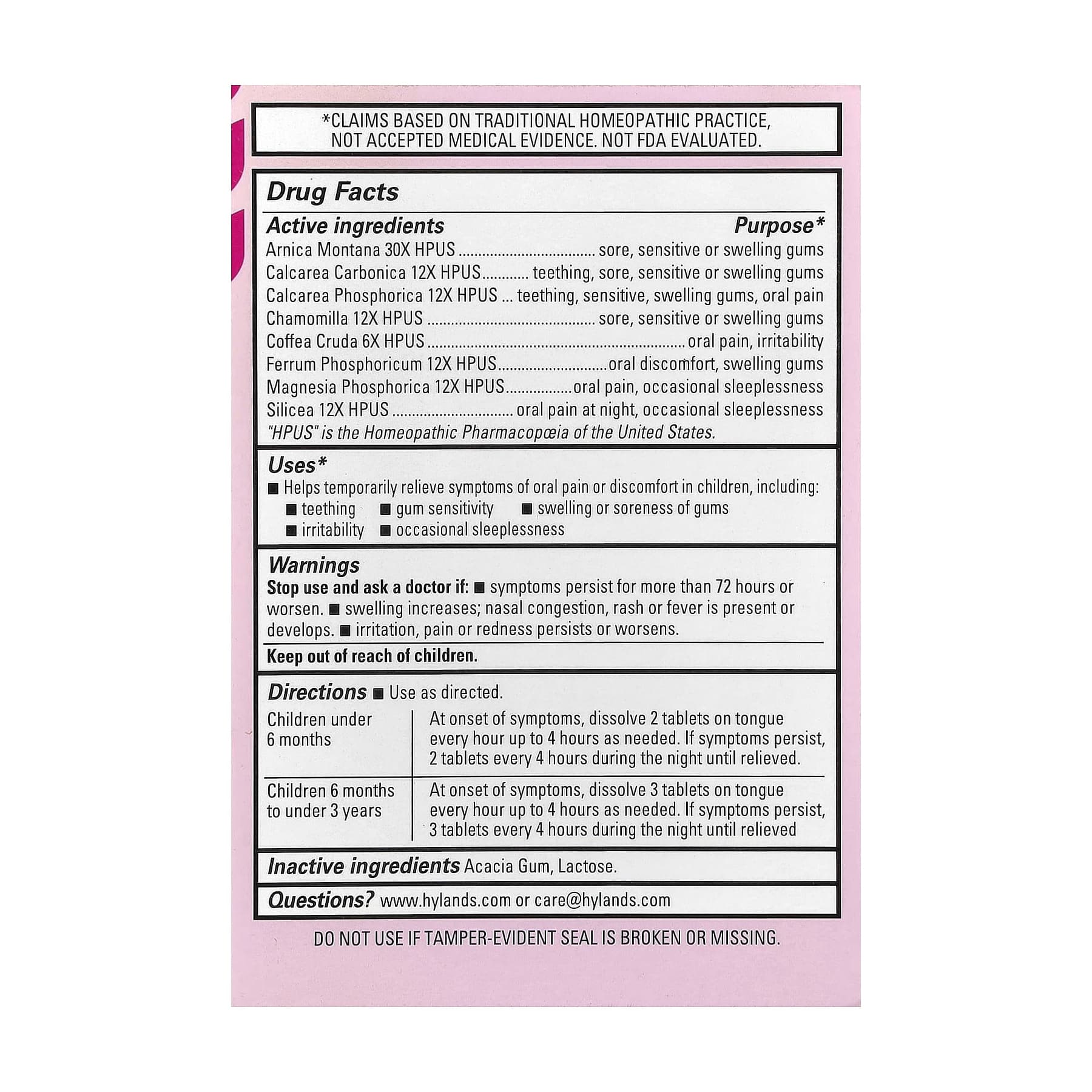Hyland's Baby Nightime Oral Pain Relief Tablets - Bottle of 125 Tablets - Each - Image 2