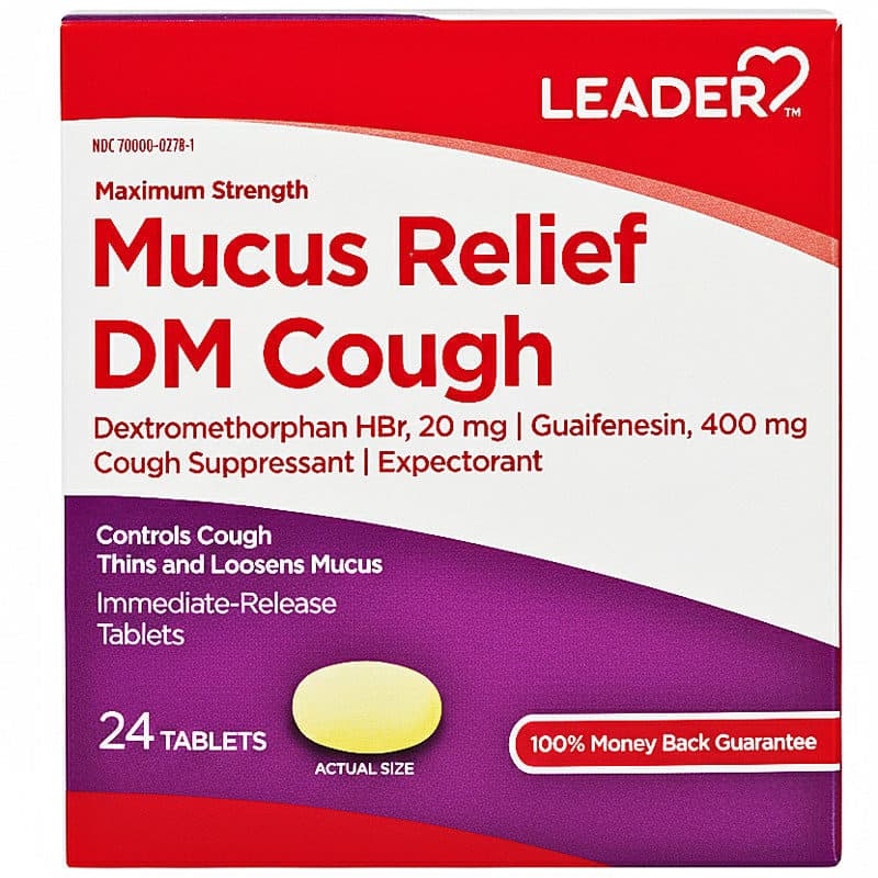 Leader Mucus Relief DM Cough Medicine Maximum Strength Tablets, 24 Count - Image 1