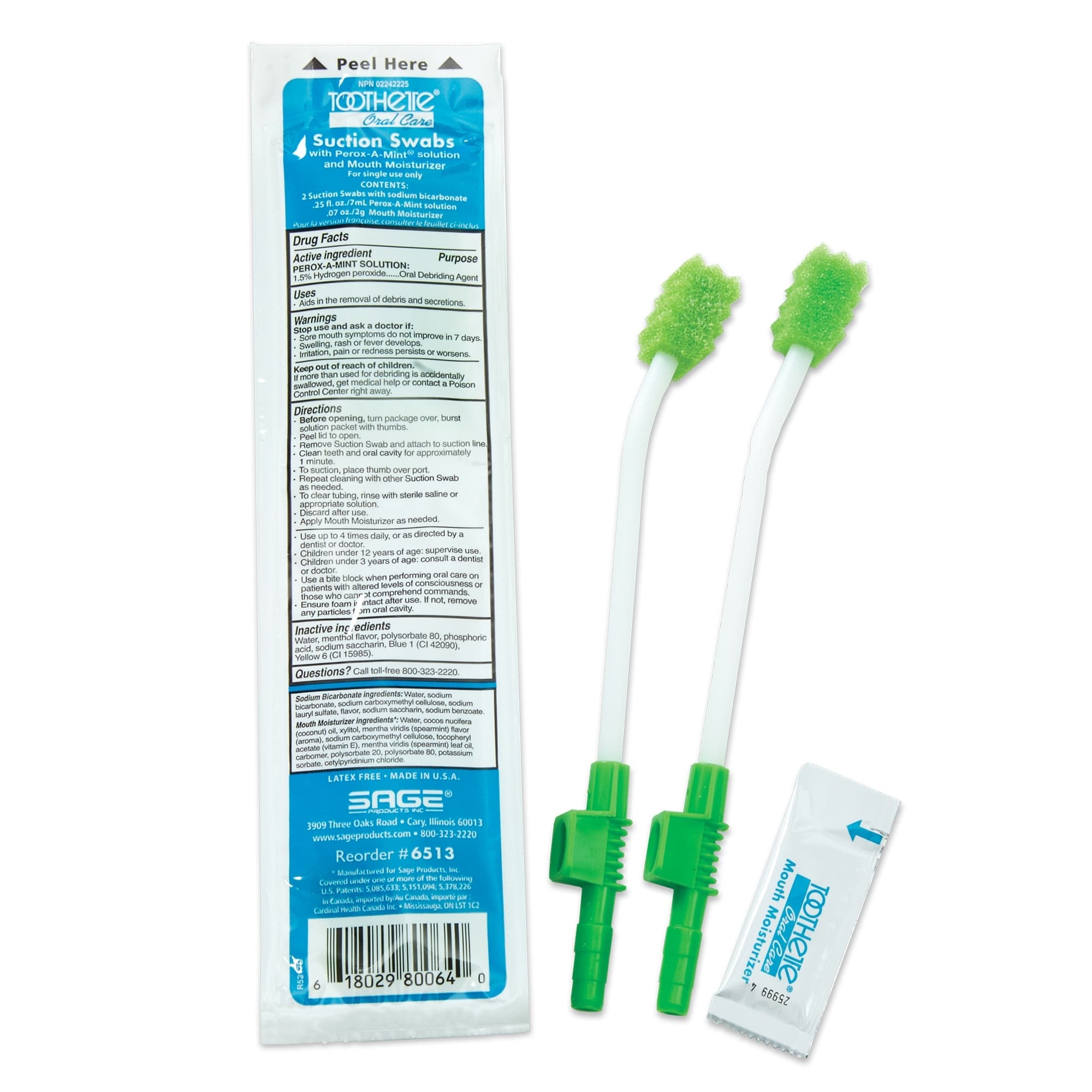Sage Toothette Suction Swabs with Perox-A-Mint solution and Mouth Moisturizer - Case of 100 - Image 1