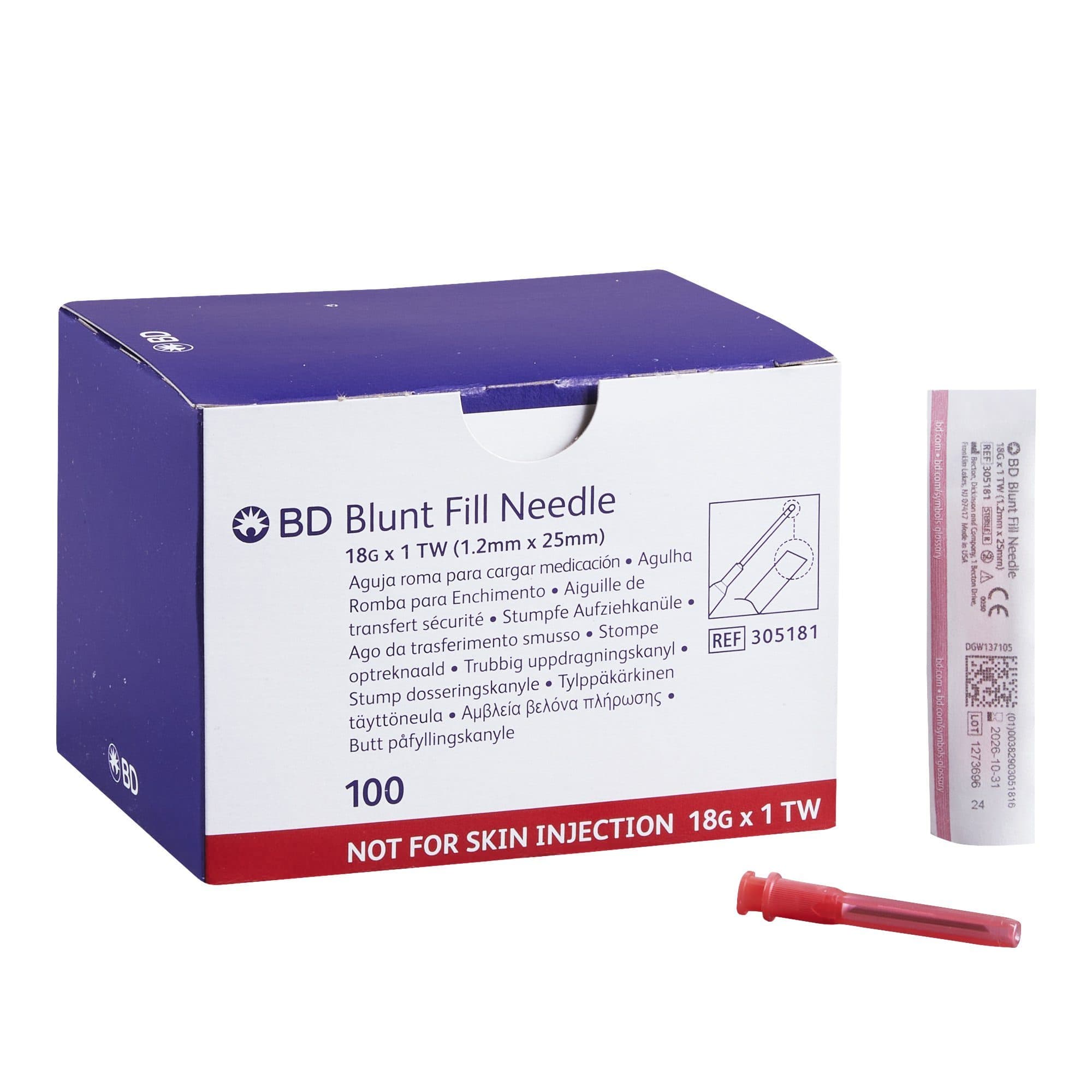 BD Blunt Fill Needle Without Filter, 18G x 1 Inch - Box of 100 - Image 1