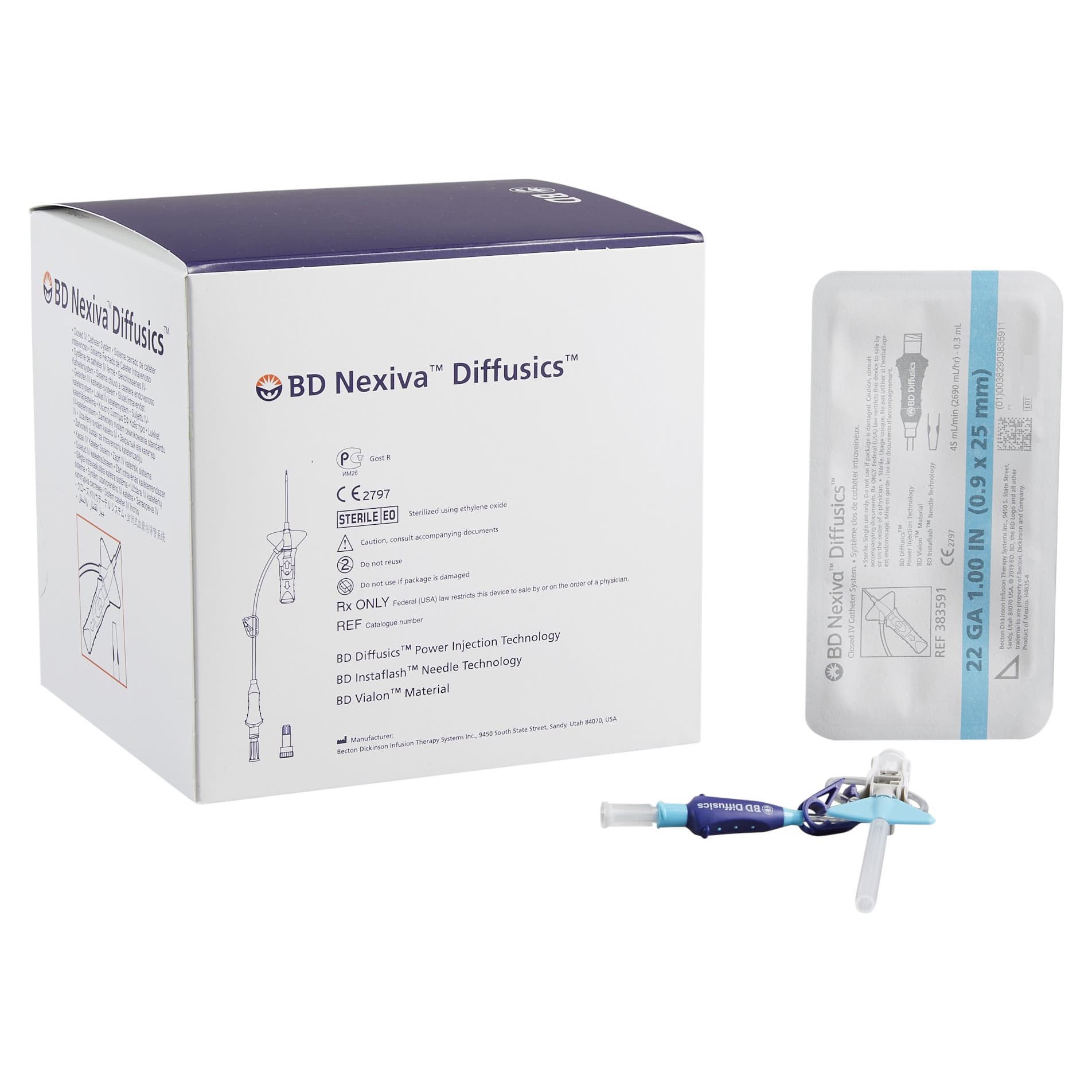 Nexiva Diffusics Closed IV Catheter, 22 Gauge, 1 Inch - Case of 80 - Image 1