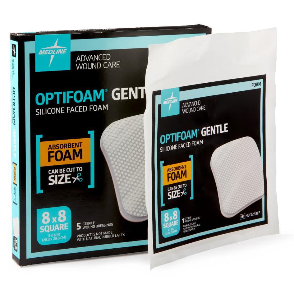 Optifoam Gentle Non-bordered Silicone-faced Foam Dressing, Sterile, 8 x 8 Inch - Box of 5 - Image 1