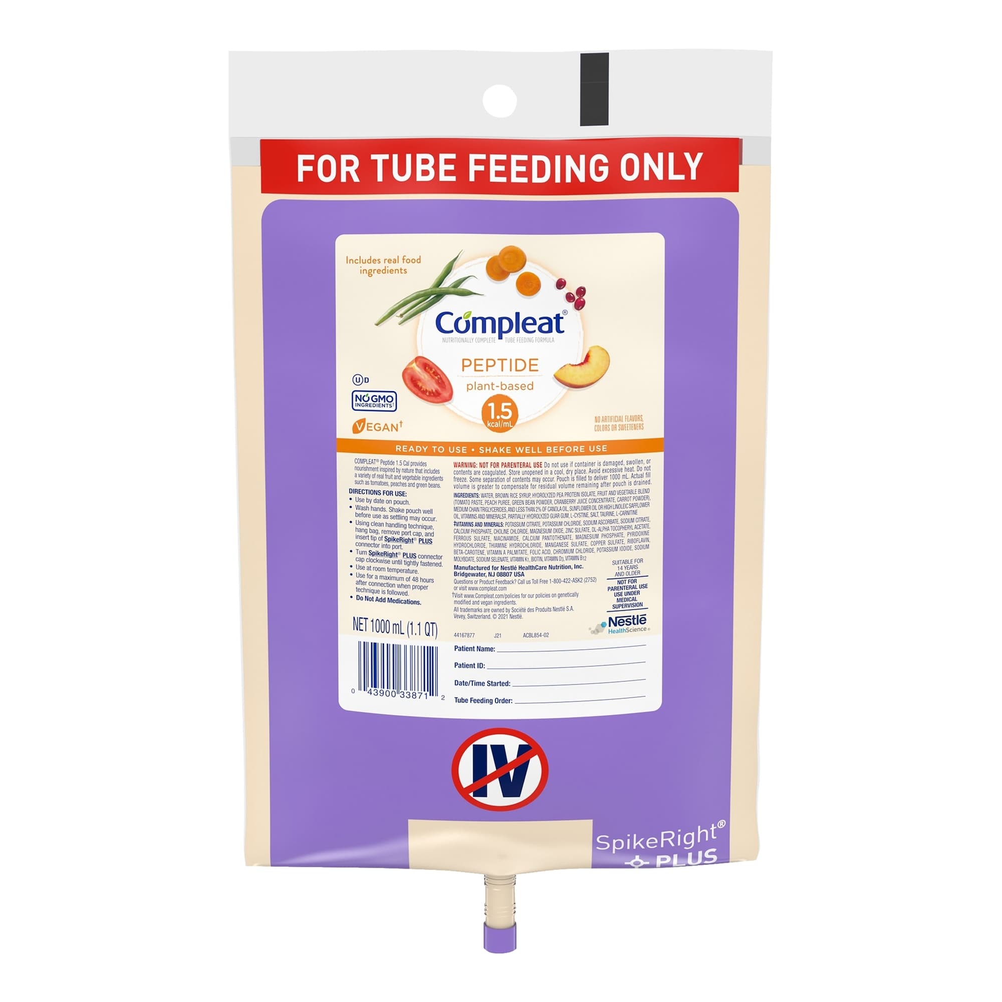 Compleat Peptide 1.5 Plant-Based Ready to Hang Tube Feeding Formula, Unflavored, 1000 mL - Each - Image 1