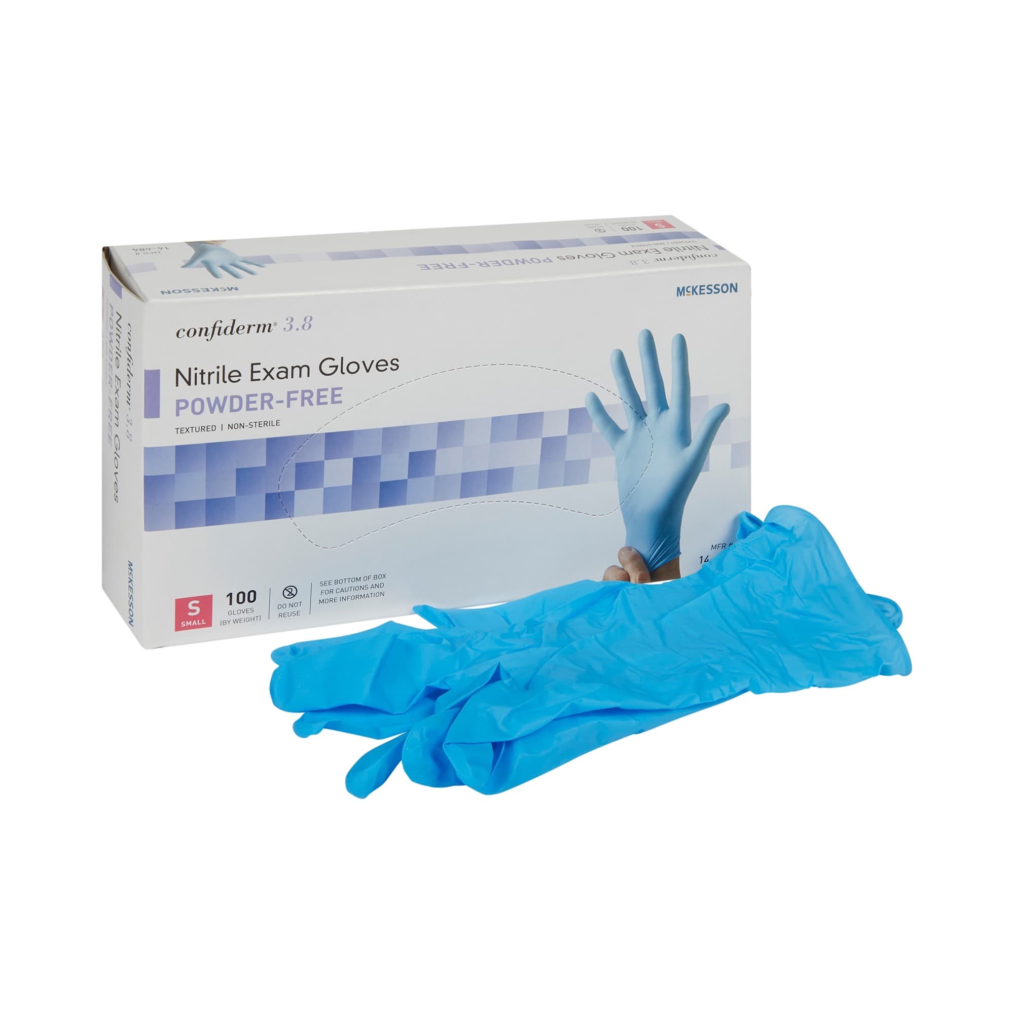 McKesson Confiderm 3.8 Nitrile Powder Free Exam Gloves, Blue, Small - Case of 1000 - Image 1