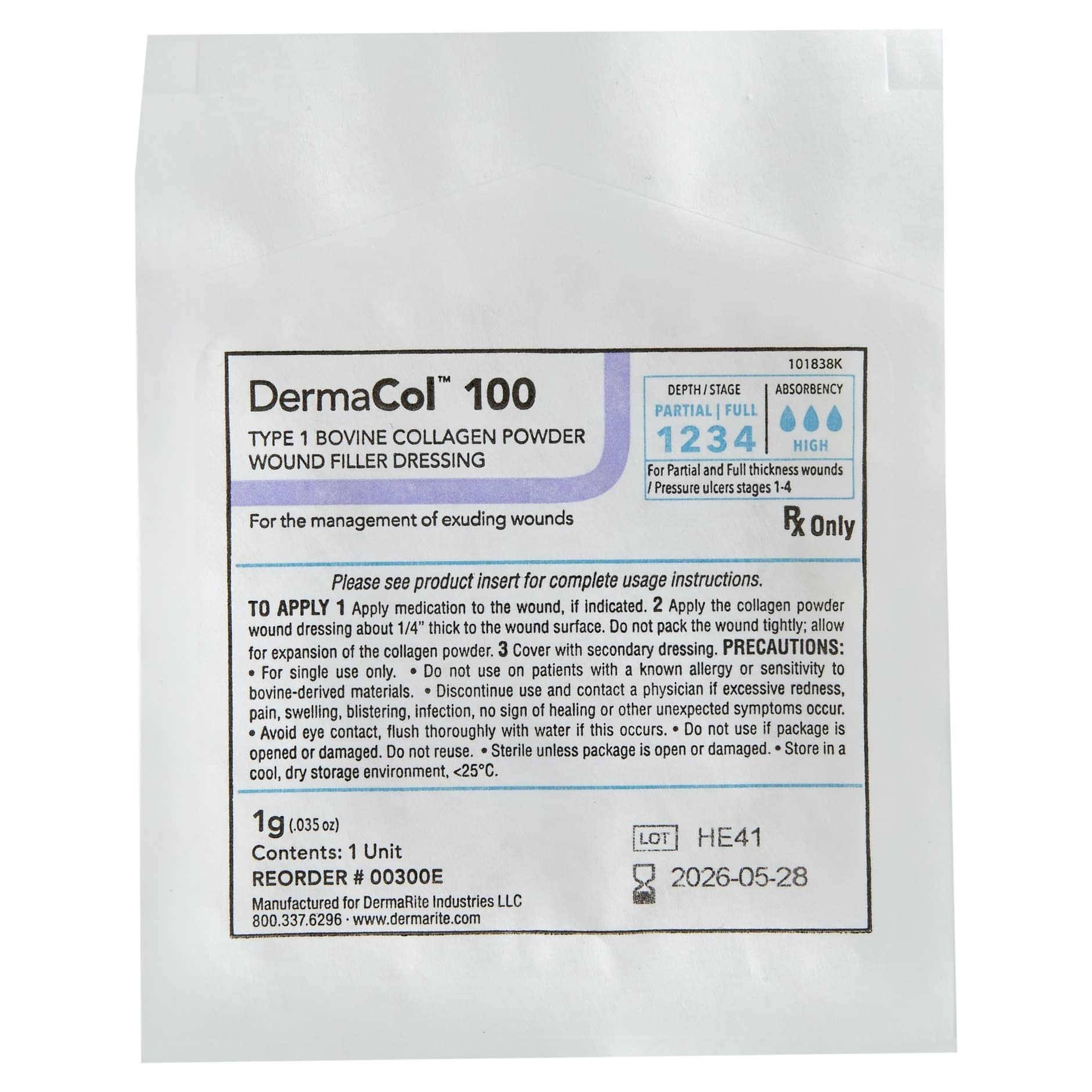 DermaCol 100 Type 1 Bovine Collagen Powder, 1 Gram - Each - Image 1