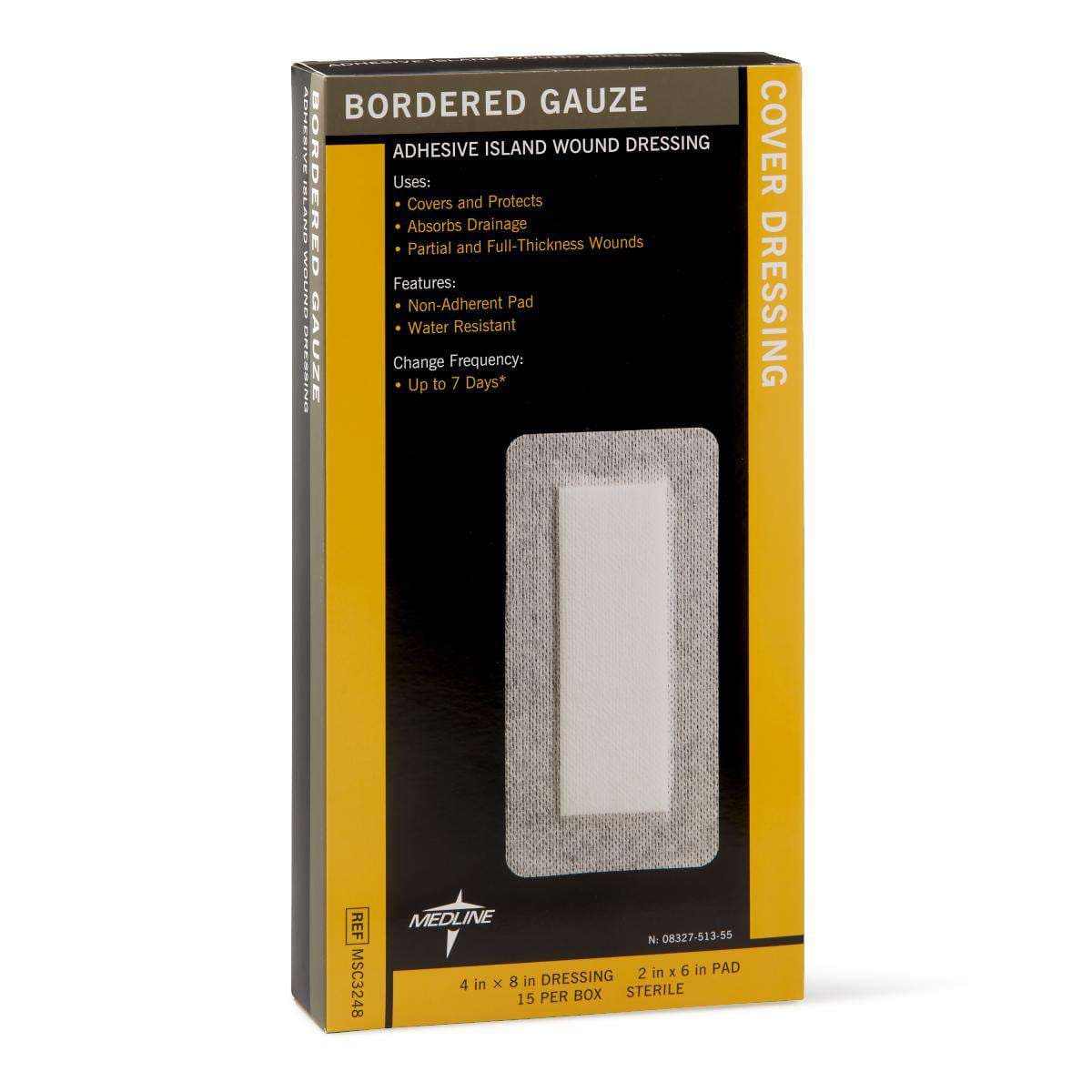 Bordered Gauze Adhesive Island Wound Dressing, 4 x 8 Inch, 2 x 6 Inch Pad - Box of 15 - Image 1