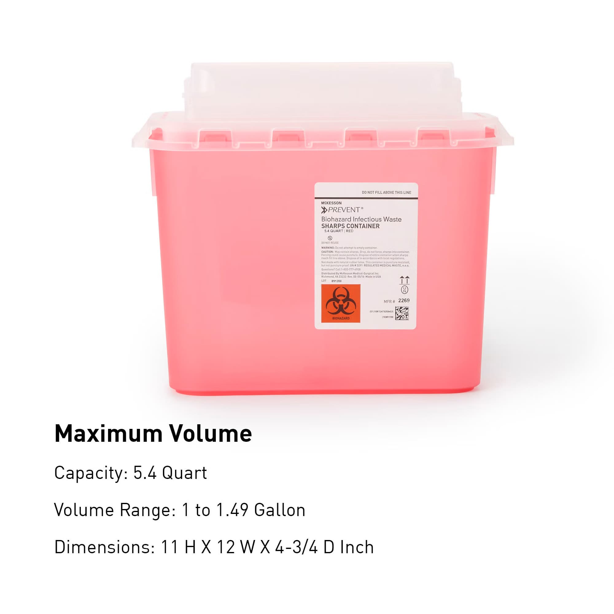 McKesson Prevent Sharps Container 11 H x 12 W x 4-3/4 D Inch 5.4 Quart Red Base - Image 2