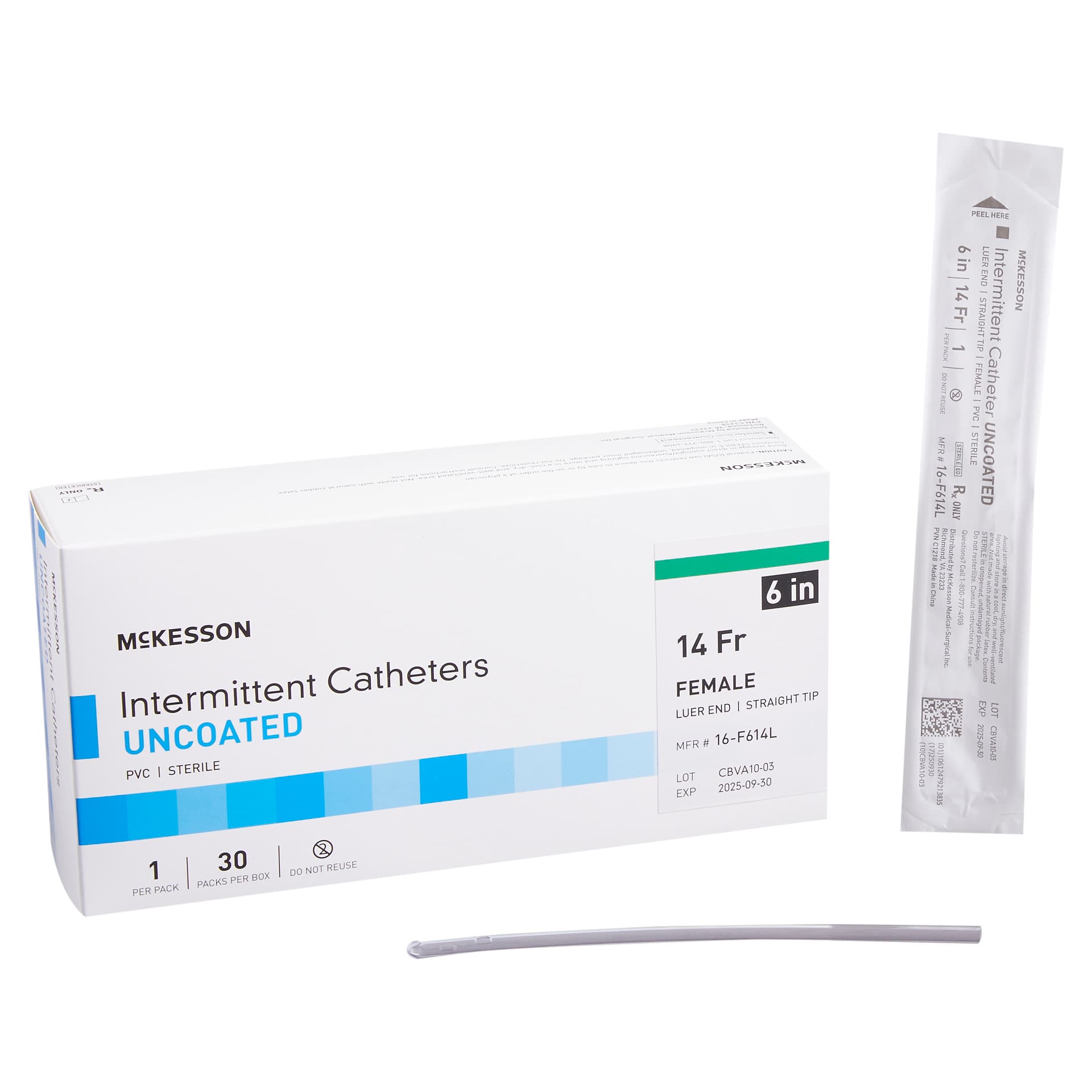 McKesson Urethral Catheter Polished Staggered Eyelets Adult, Green, 14 Fr, Female, 6 Inch - Box of 30 - Image 1