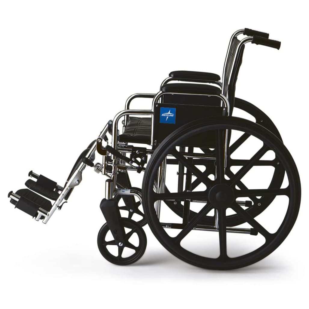 Medline Excel 2000 Standard Wheelchair 18"W x 16"D Seat with Desk Length Arm and Elevating Leg Rests, Black Upholstery - Image 1