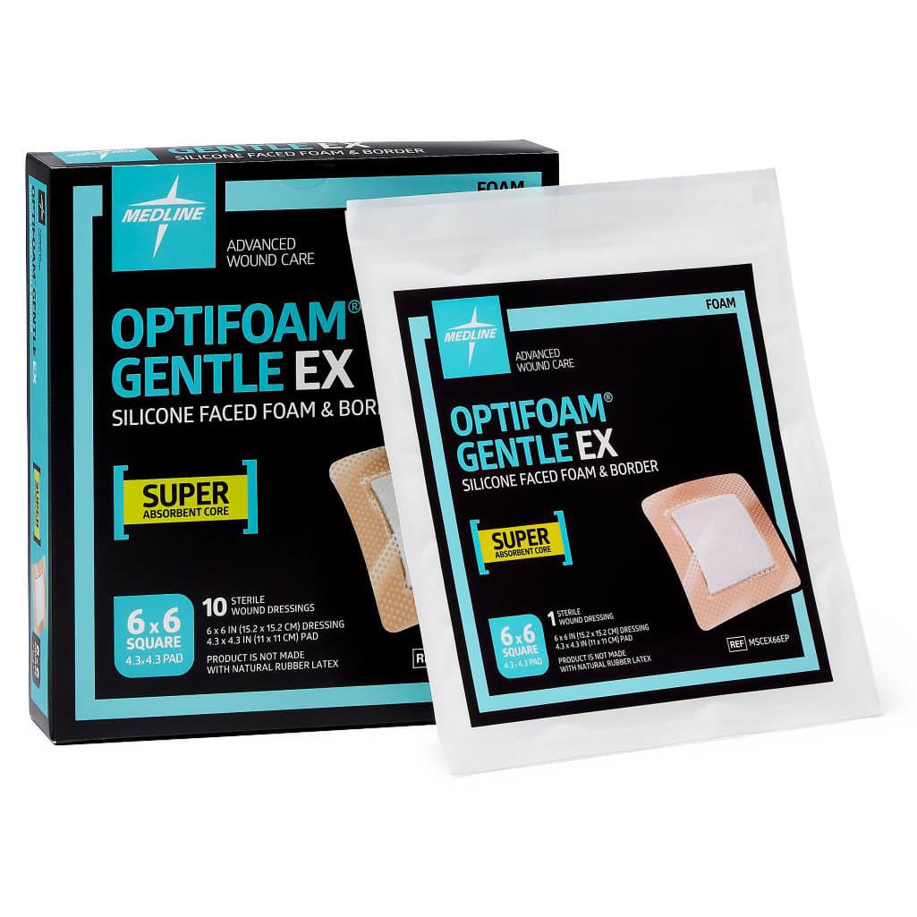 Optifoam Gentle EX Silicone-Faced Border Foam Dressing, Sterile, 6 x 6 Inch - Box of 10 - Image 1
